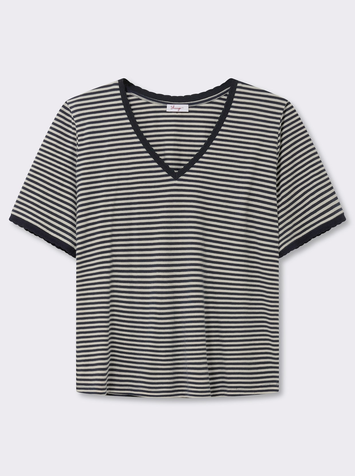 sheego Ringelshirt mit Ajour-Strickband - ecru-tiefblau-geringelt