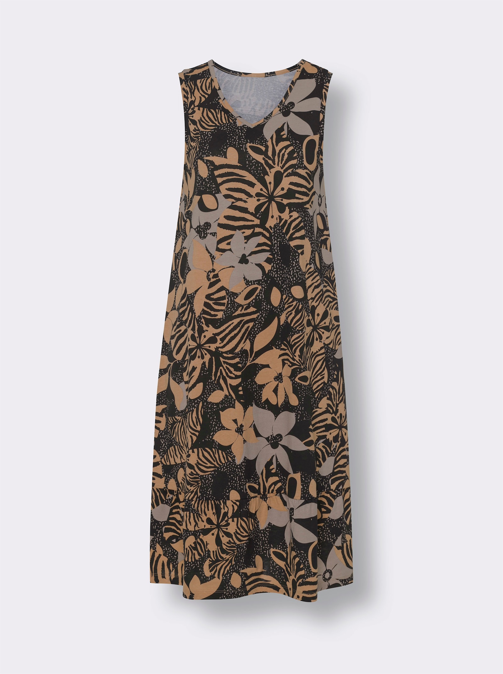 Sommerkleid mit Volants - schwarz-camel-bedruckt