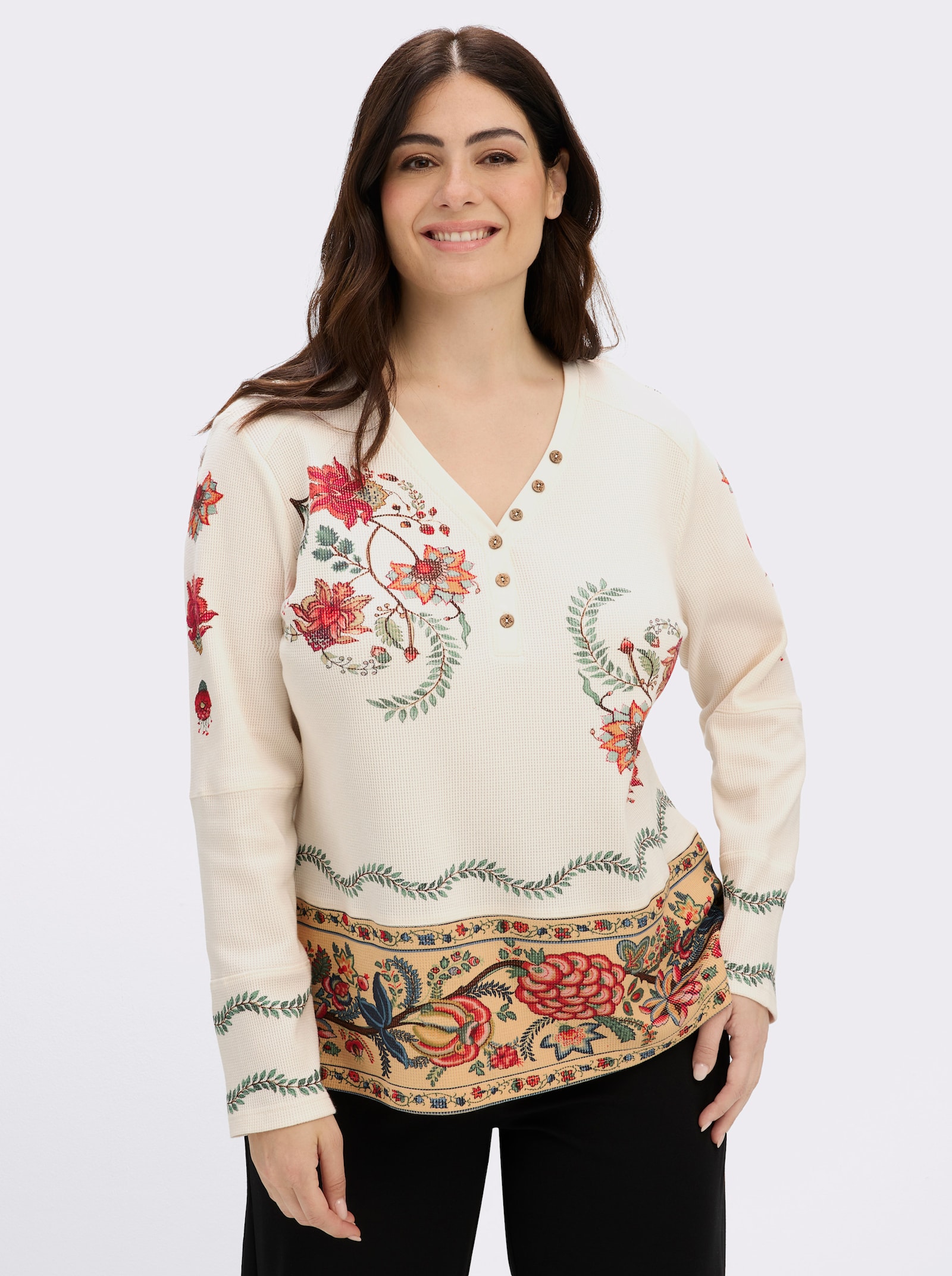 sheego by Joe Browns Langarmshirt mit Blumendruck und Holzknöpfen - champagner-rostrot-bedruckt