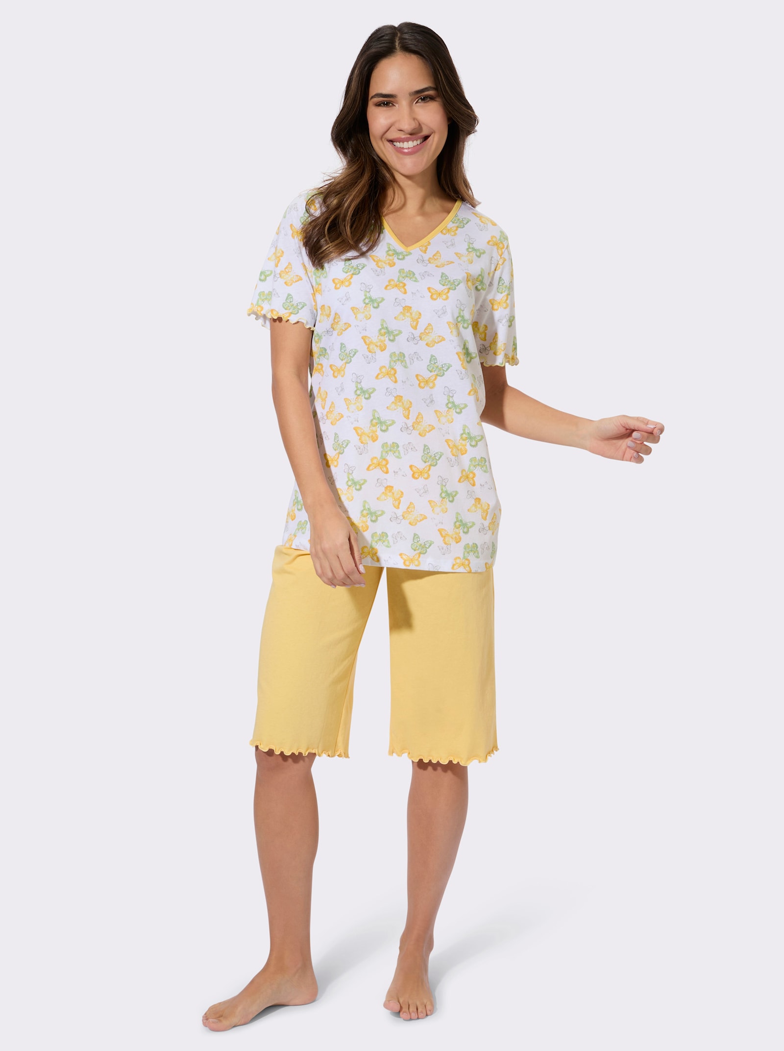 Shorty mit Wellensaum - weiß-gelb-bedruckt