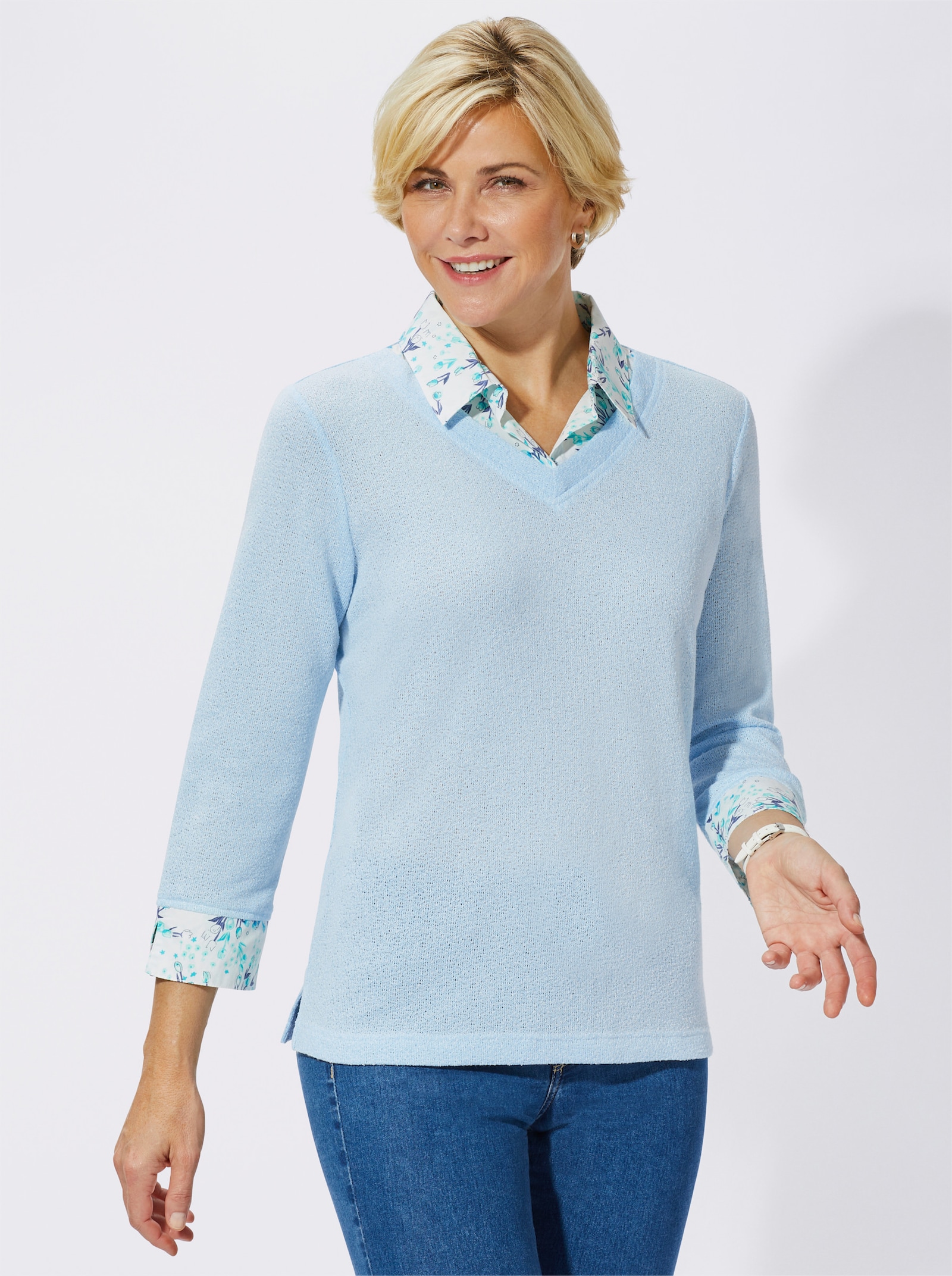 2-in-1-Shirt aus Bouclé, mit Blusenstoff - hellblau-meliert