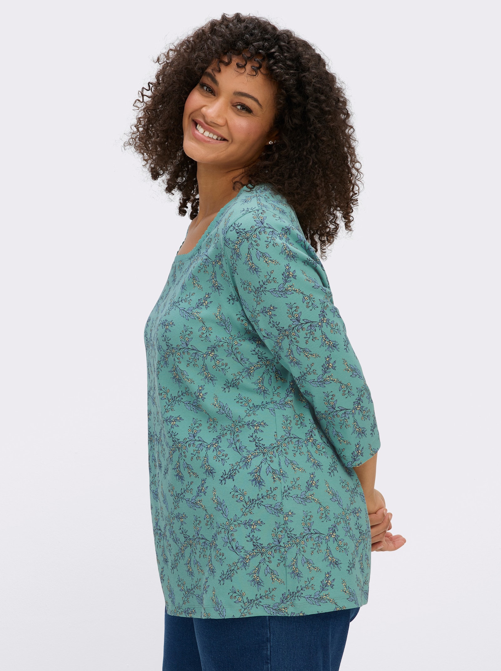 sheego 3/4-Arm-Shirt mit Karree-Ausschnitt - salbei-rauchblau-bedruckt
