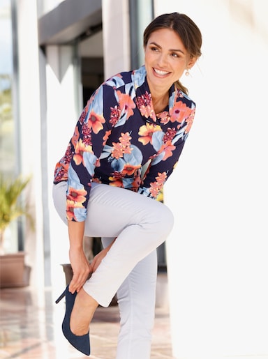 Rollkragenshirt mit großen Blüten - marine-papaya-bedruckt