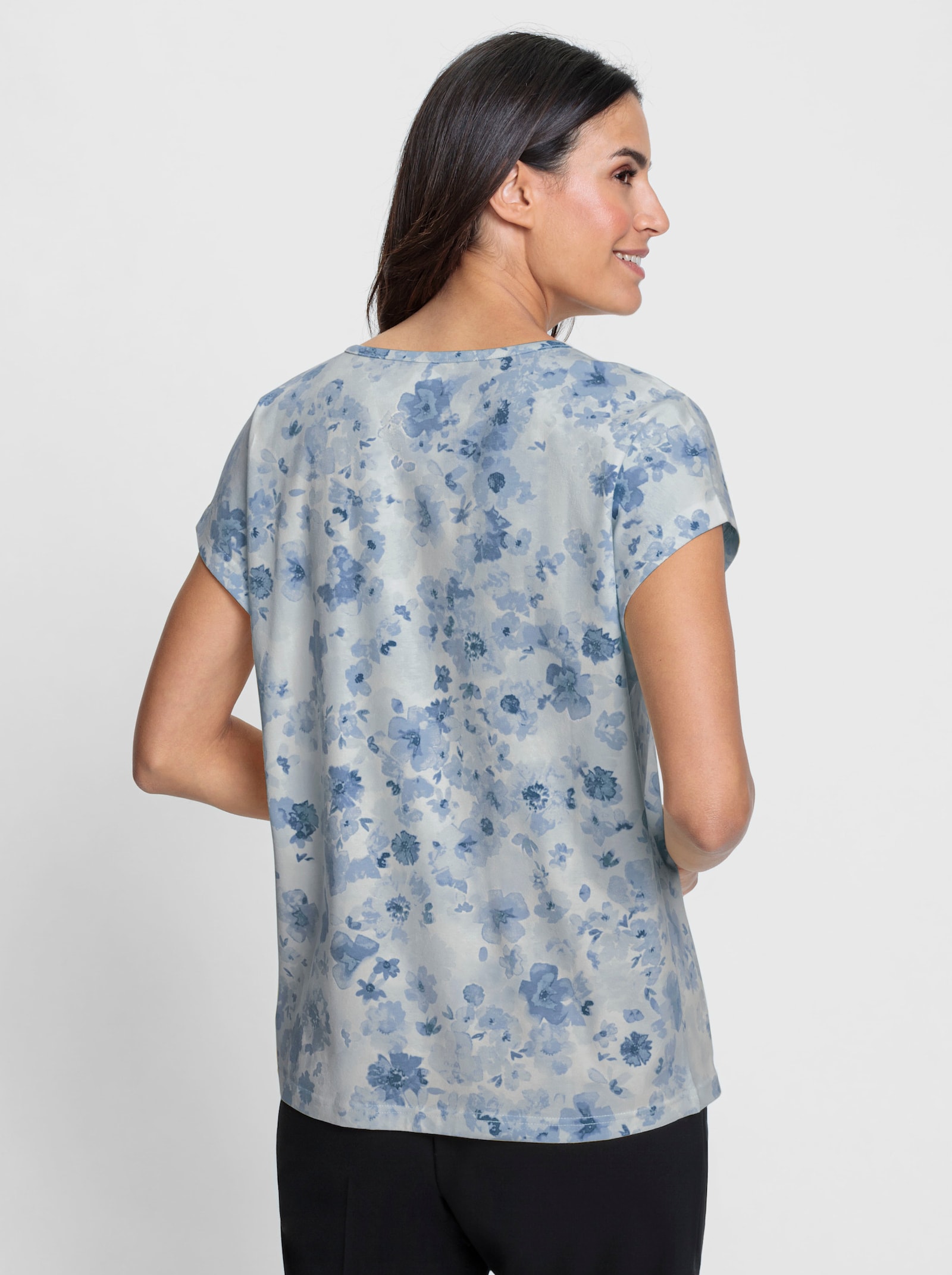 Print-Shirt Mit Paspelverzierung - taubenblau-weiss-bedruckt