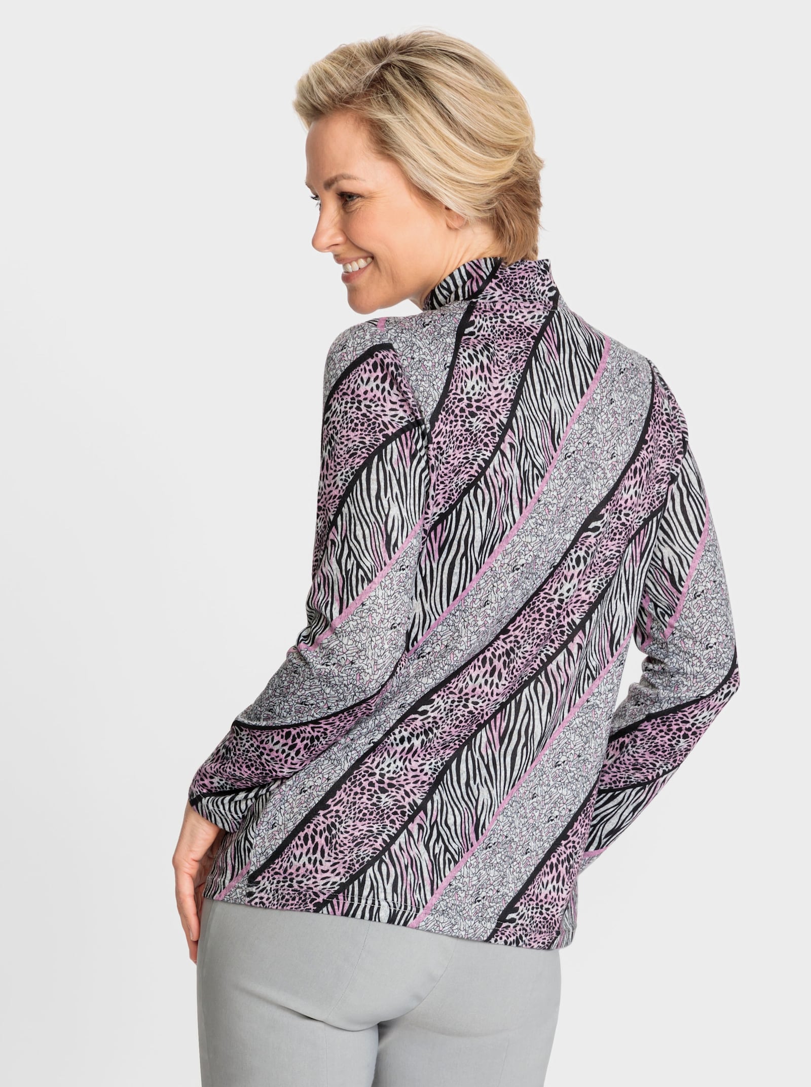 Langarmshirt mit Stehkragen - orchidee-schwarz-bedruckt