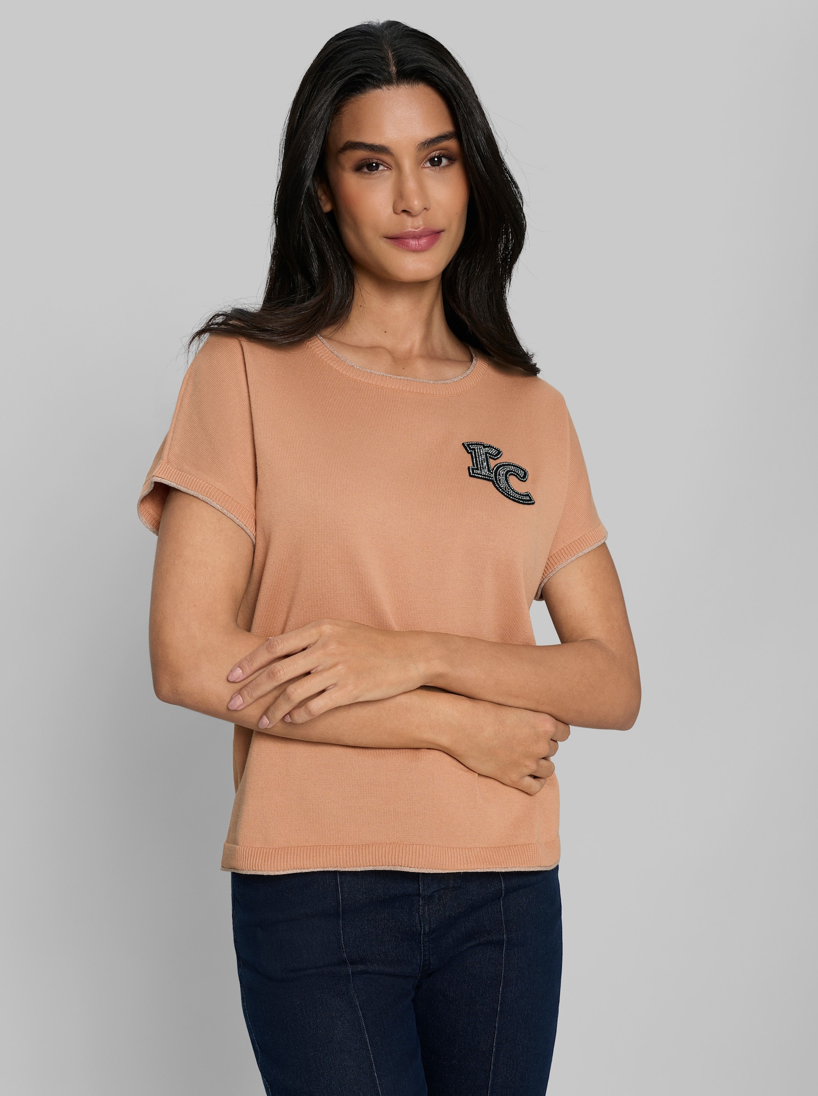 heine Kurzarmpullover mit RC-Applikation - camel