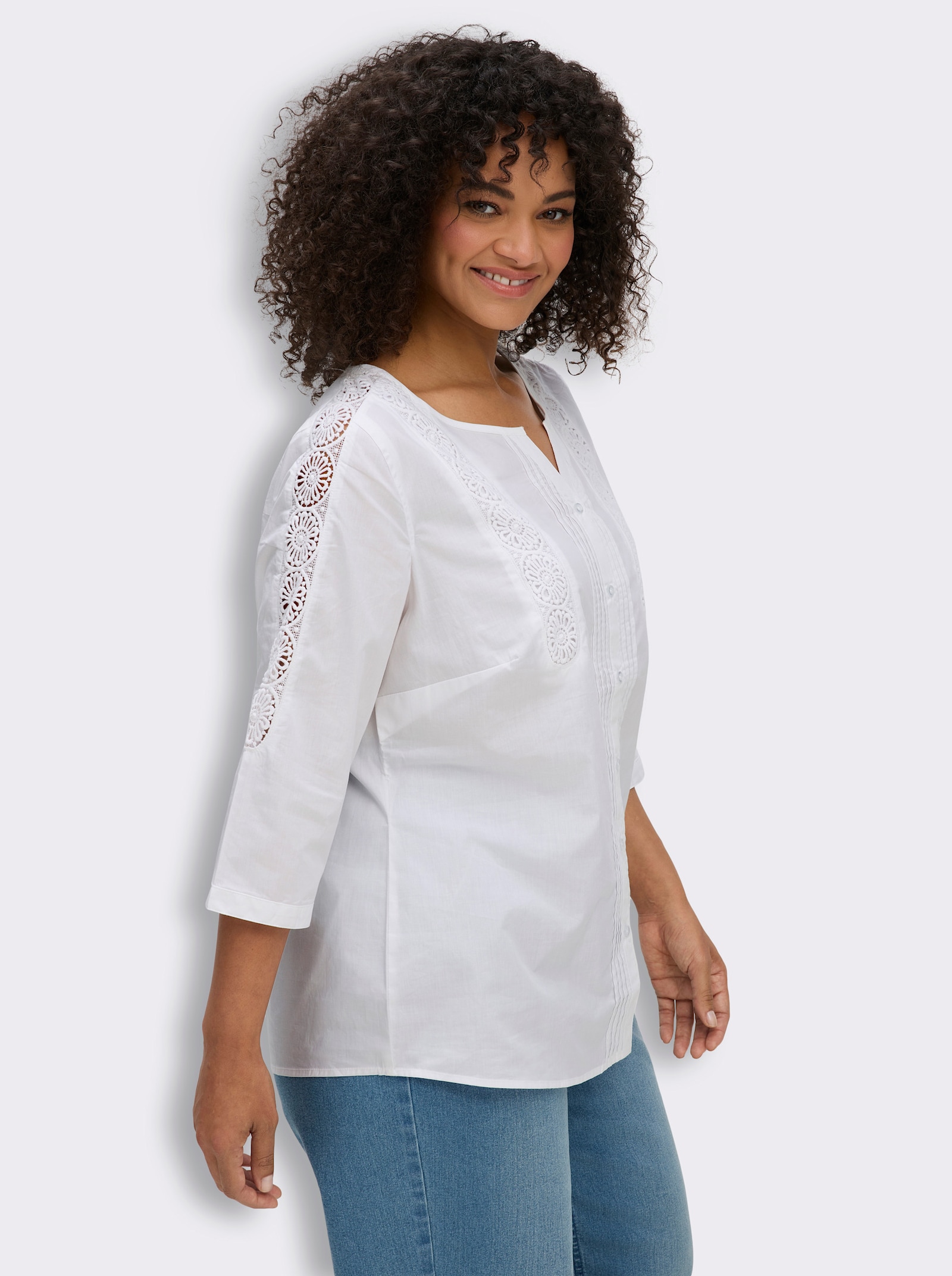 Baumwollbluse mit Biesen und Spitzen-Details - weiß