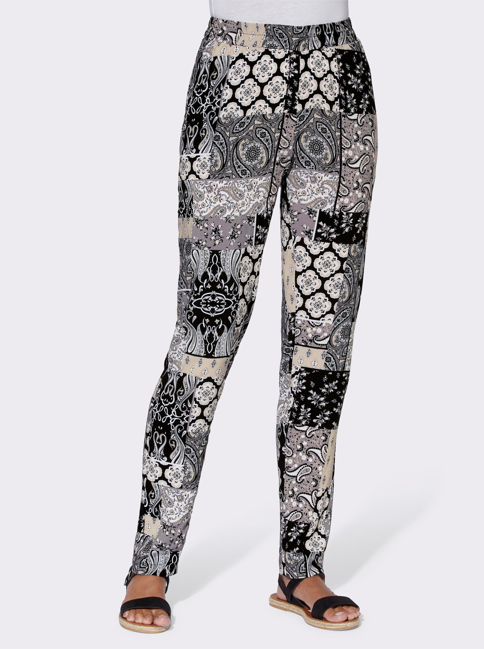 Comfortbroek met zijzakken - zwart/zand geprint