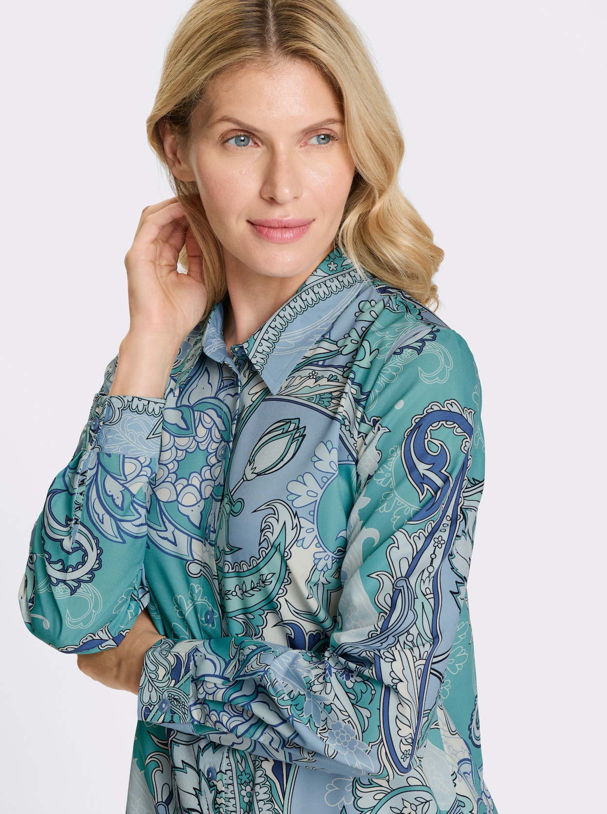 Hemdbluse - himmelblau-eisblau-bedruckt