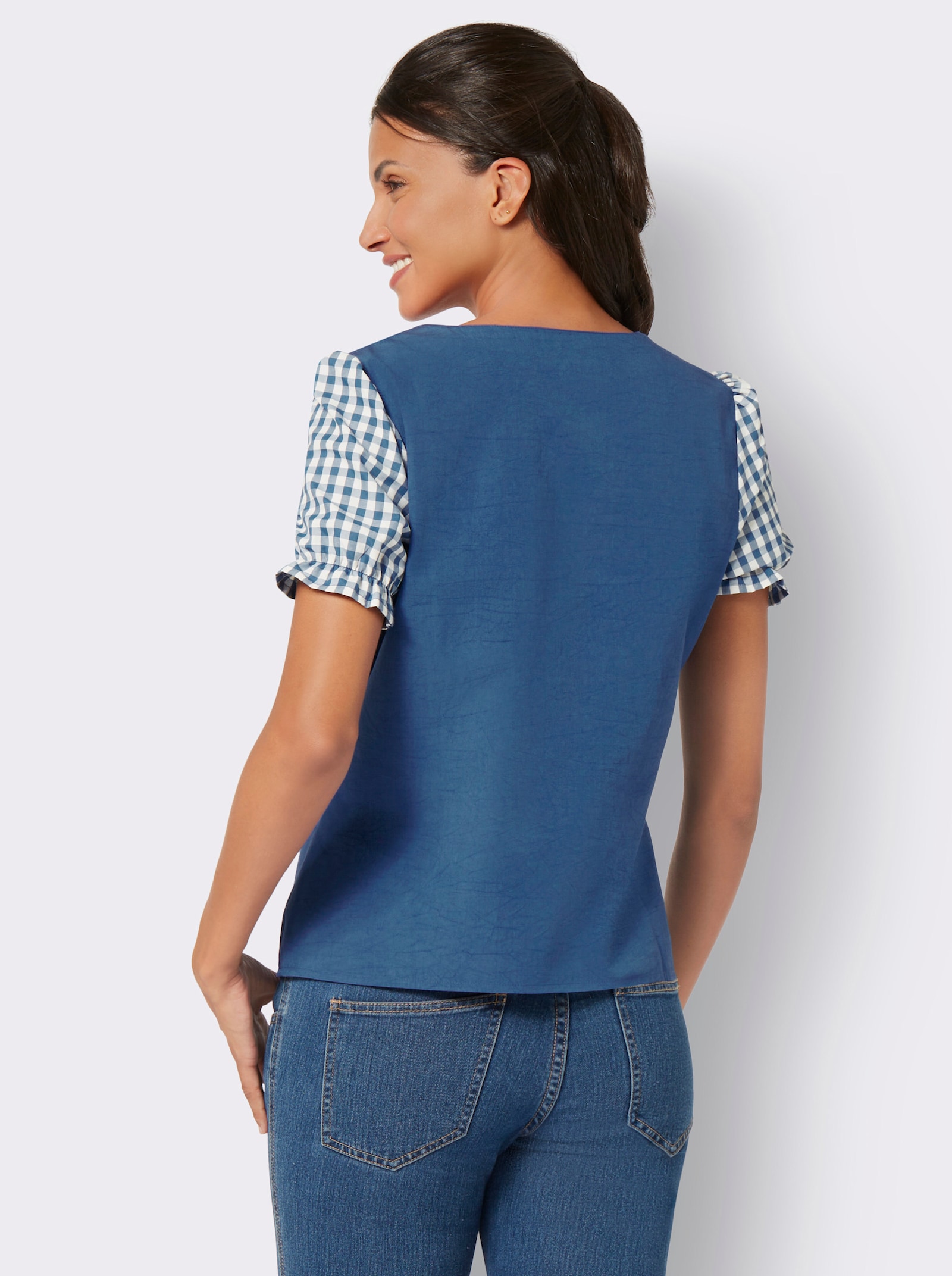 Trachtenbluse mit Einsatz und Schnürung vorne - jeansblau-weiß-bedruckt