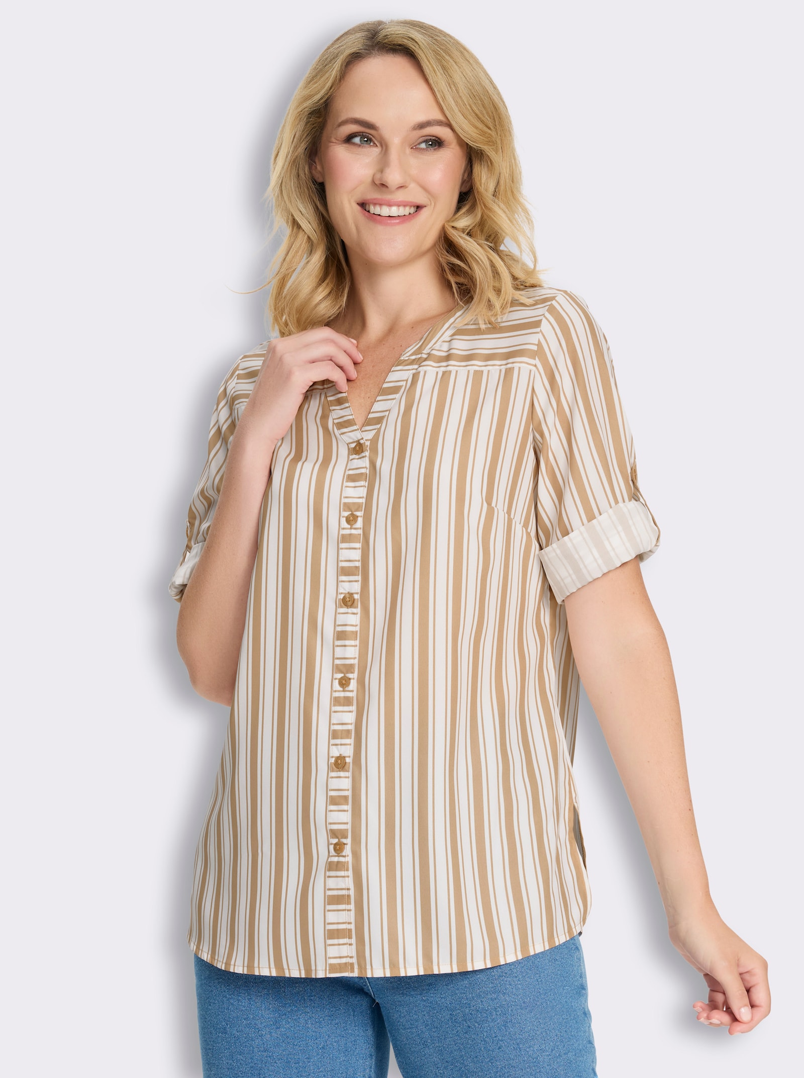 Longbluse mit vertikalem Streifenmuster - camel-weiß-gestreift