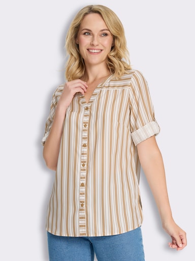 Longbluse mit vertikalem Streifenmuster - camel-weiß-gestreift