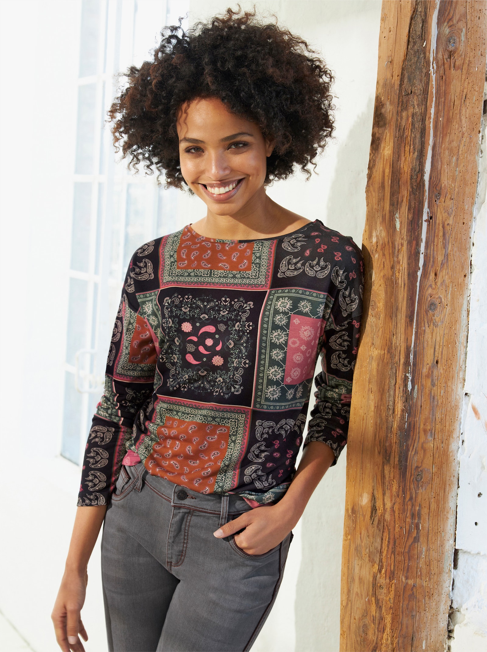 heine Rundhalsshirt im Patch-Dessin - schwarz-rosenholz-bedruckt