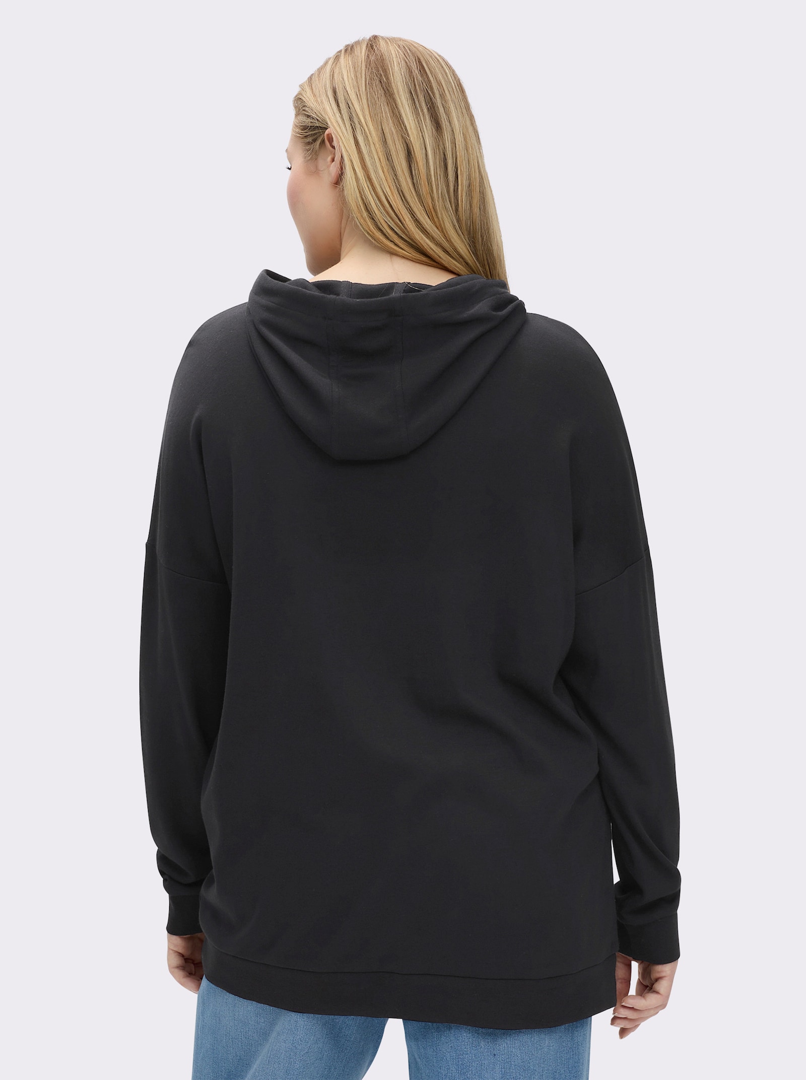 sheego Kapuzensweatshirt mit Rippbündchen - schwarz