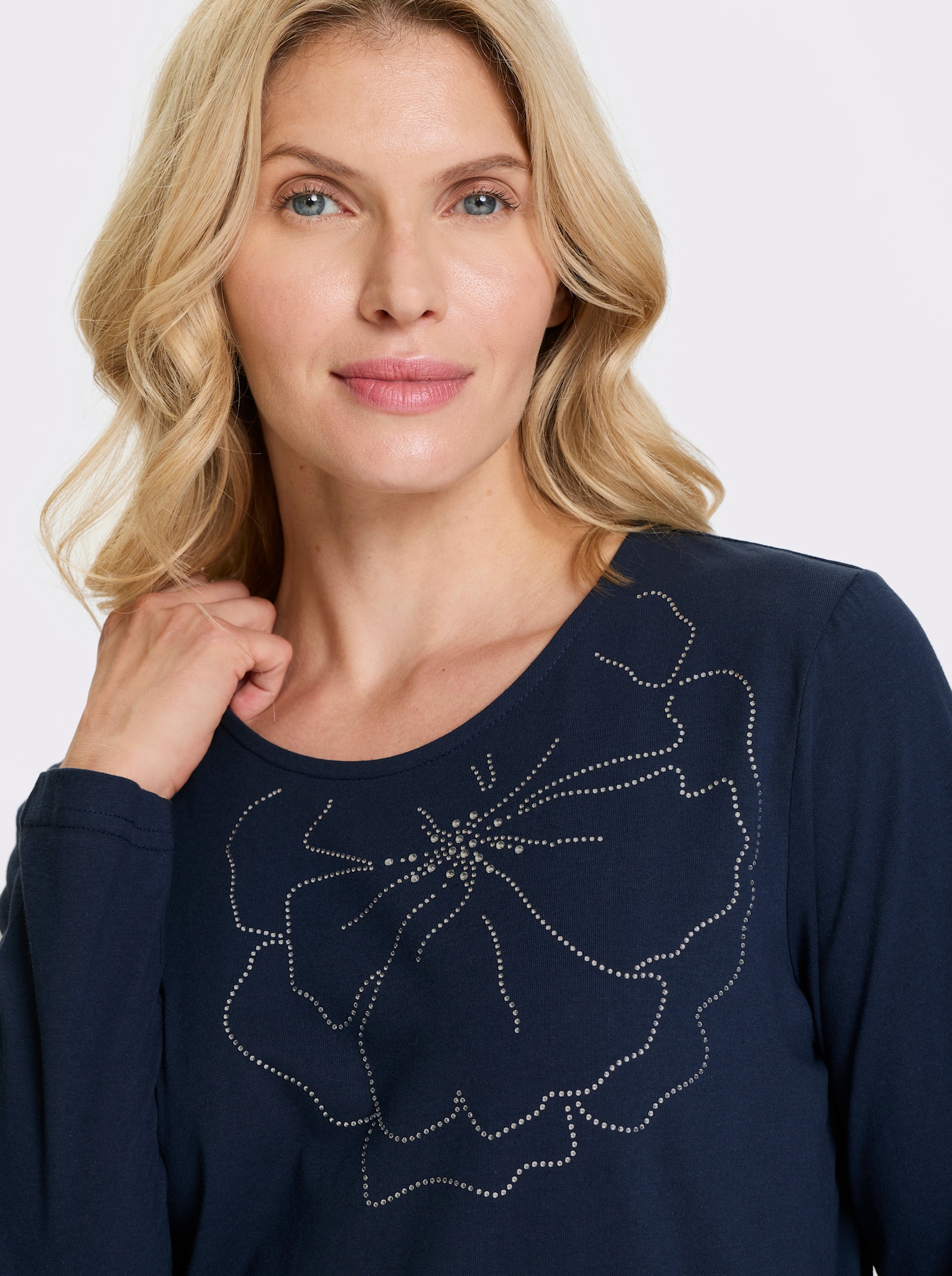 Tričko s dlhými rukávmi a ozdobnými kamienkami - námornícka modrá