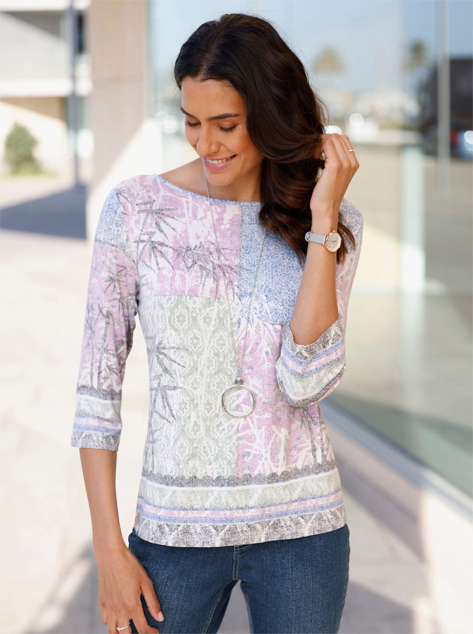 3/4-Arm-Shirt mit Bordürendruck - ecru-eucalyptus-bedruckt