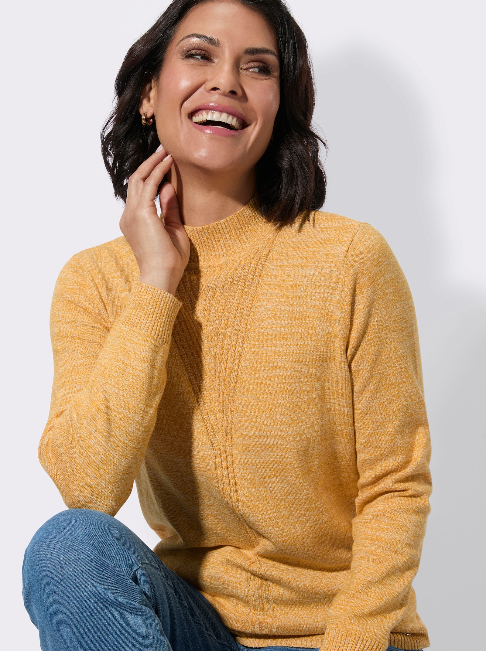 Stehkragenpullover mit gerippten Bündchen - ocker-meliert