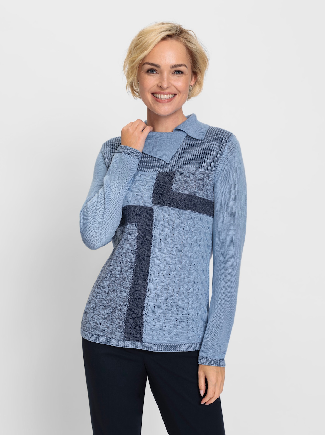 Pullover met 3/4-mouwen - ijsblauw/rookblauw gedessineerd