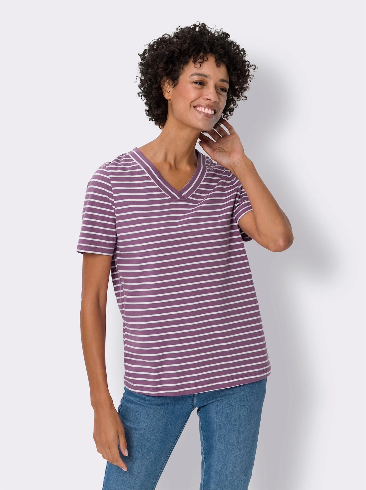 Tričko s krátkým rukávem - fialová-ecru-proužek