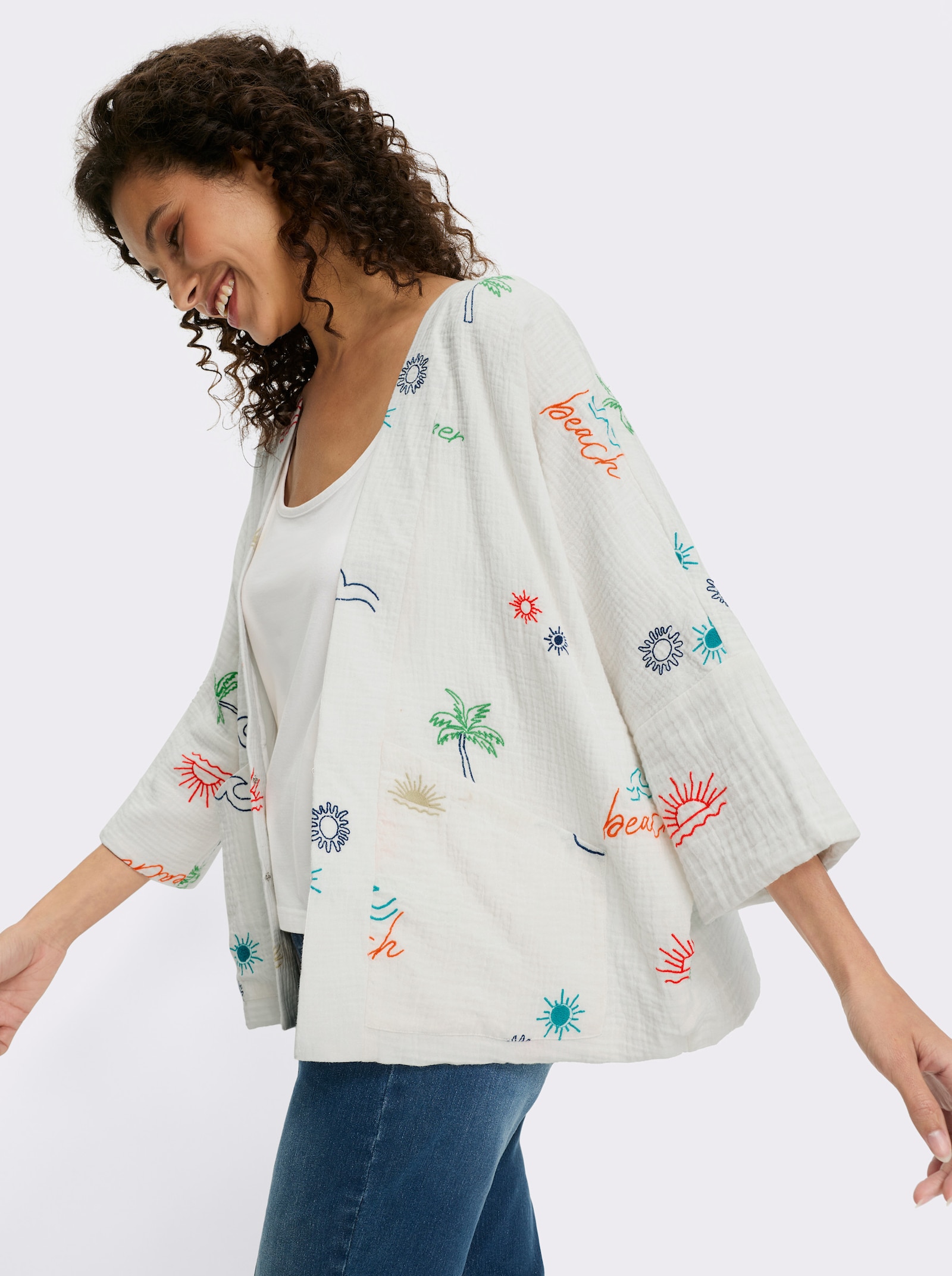 heine Blusenjacke mit Kontraststickerei - ecru-erdbeere-gemustert