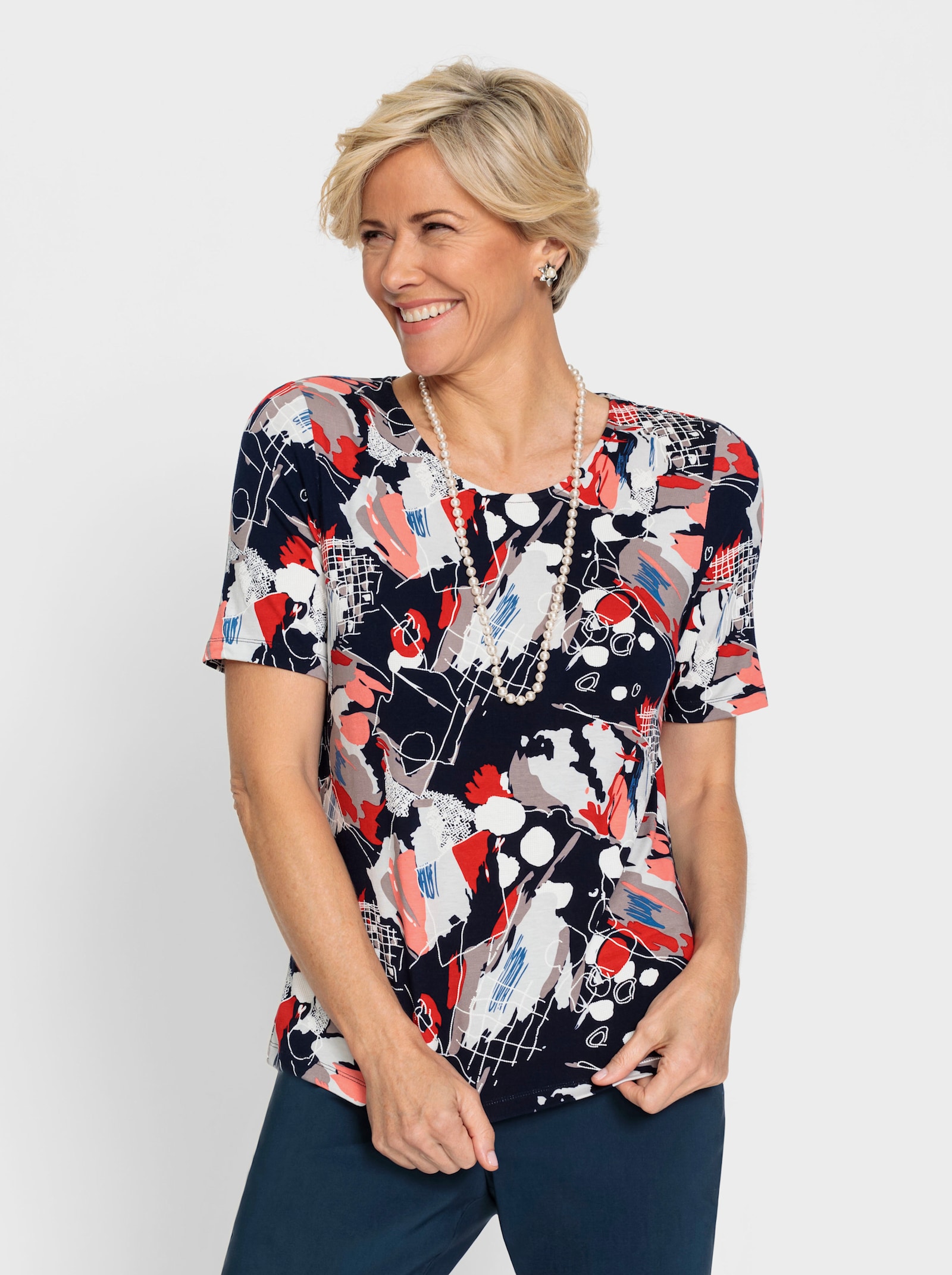 Shirt met ronde hals in gemengd grafisch dessin - marine/koraal bedrukt