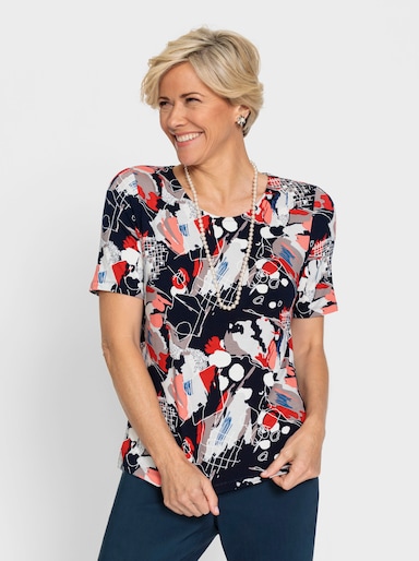 Rundhalsshirt im Grafik-Mix-Dessin - marine-koralle-bedruckt