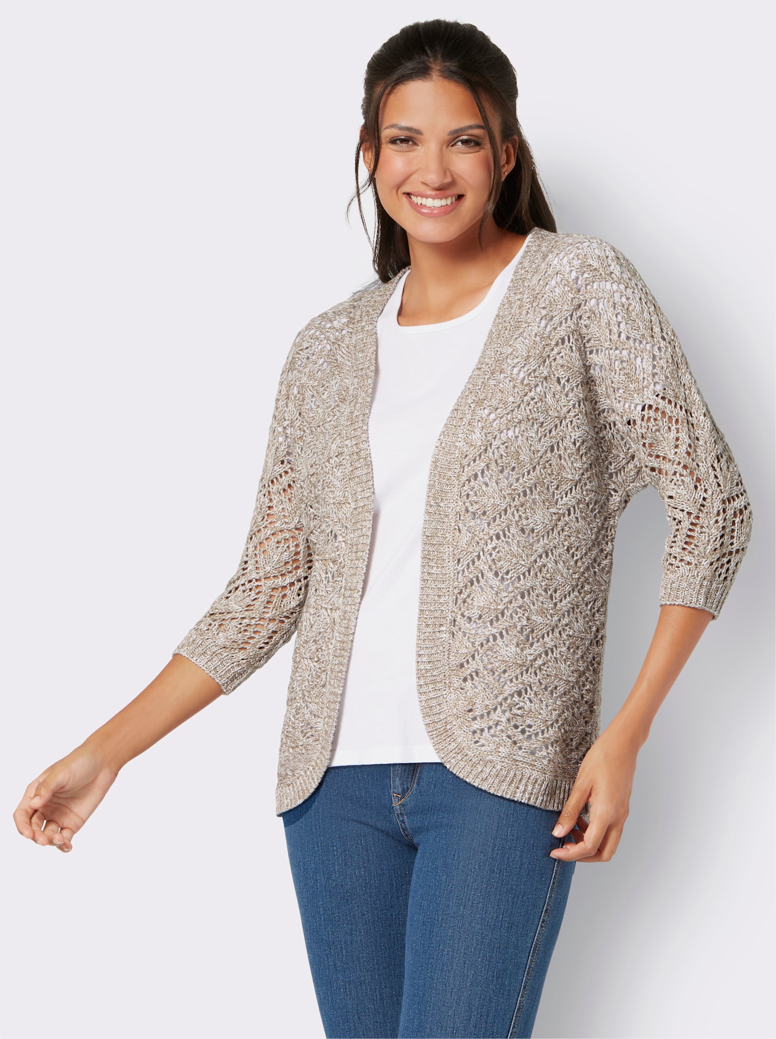Ajourstrickjacke mit Fledermaus-Ärmeln - sesam-ecru-meliert