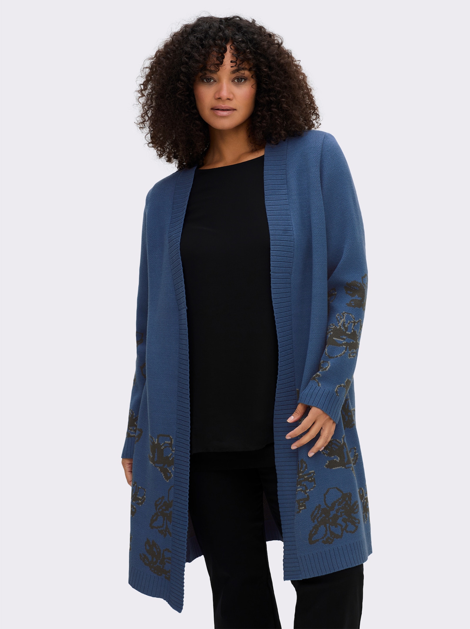 sheego Jacquardstrickjacke mit Blütenmuster - jeansblau-graphit-gemustert