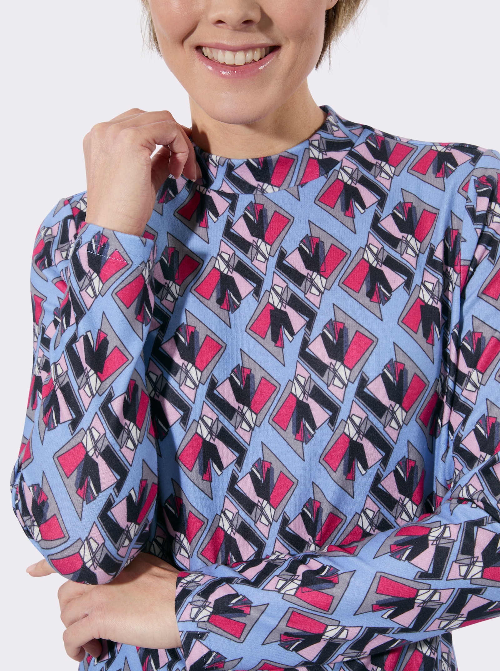 Stehkragenshirt mit grafischem Muster - pink-bleu-bedruckt