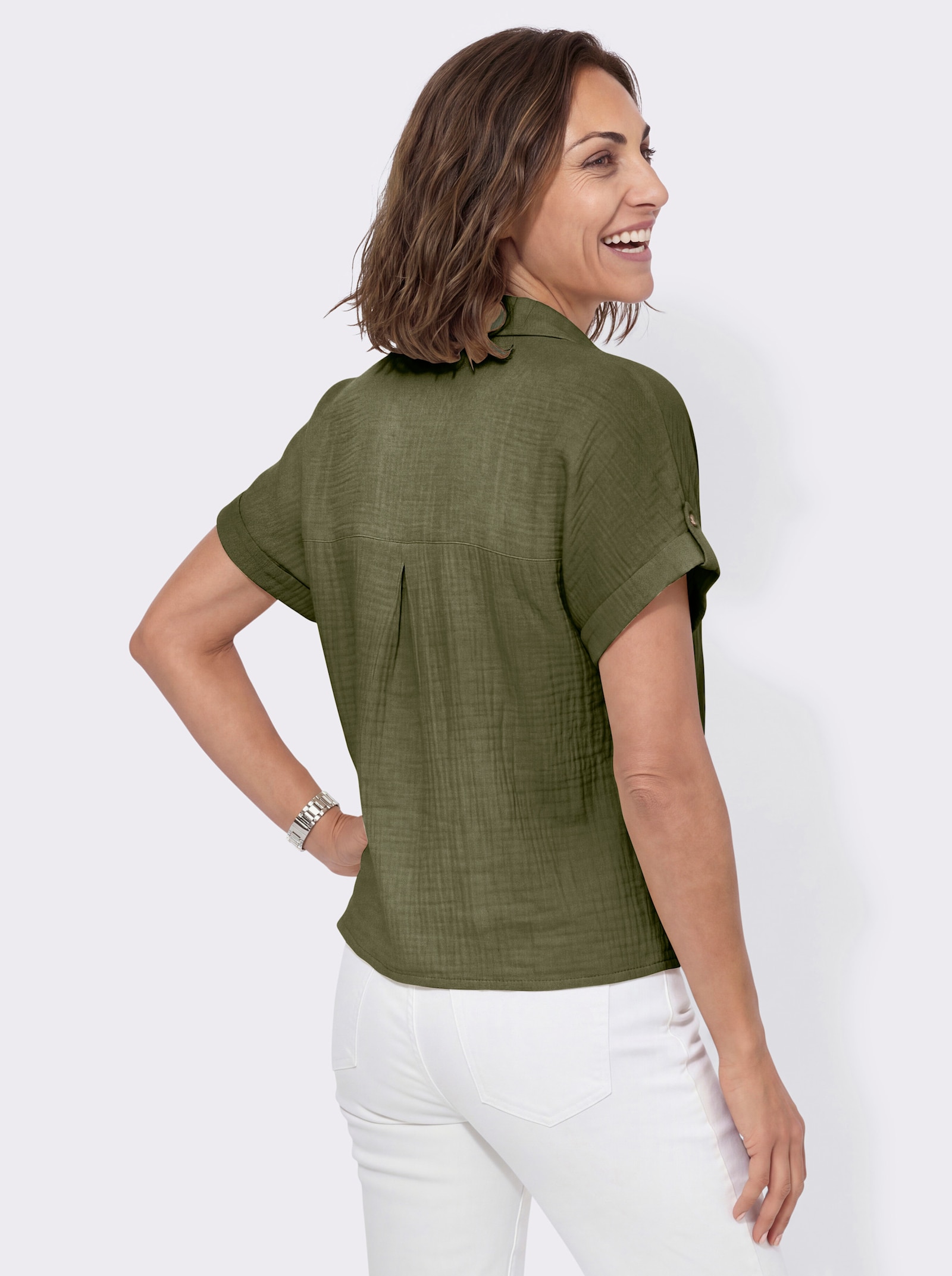 Baumwollbluse mit zipfligem Saum zum Knoten - oliv