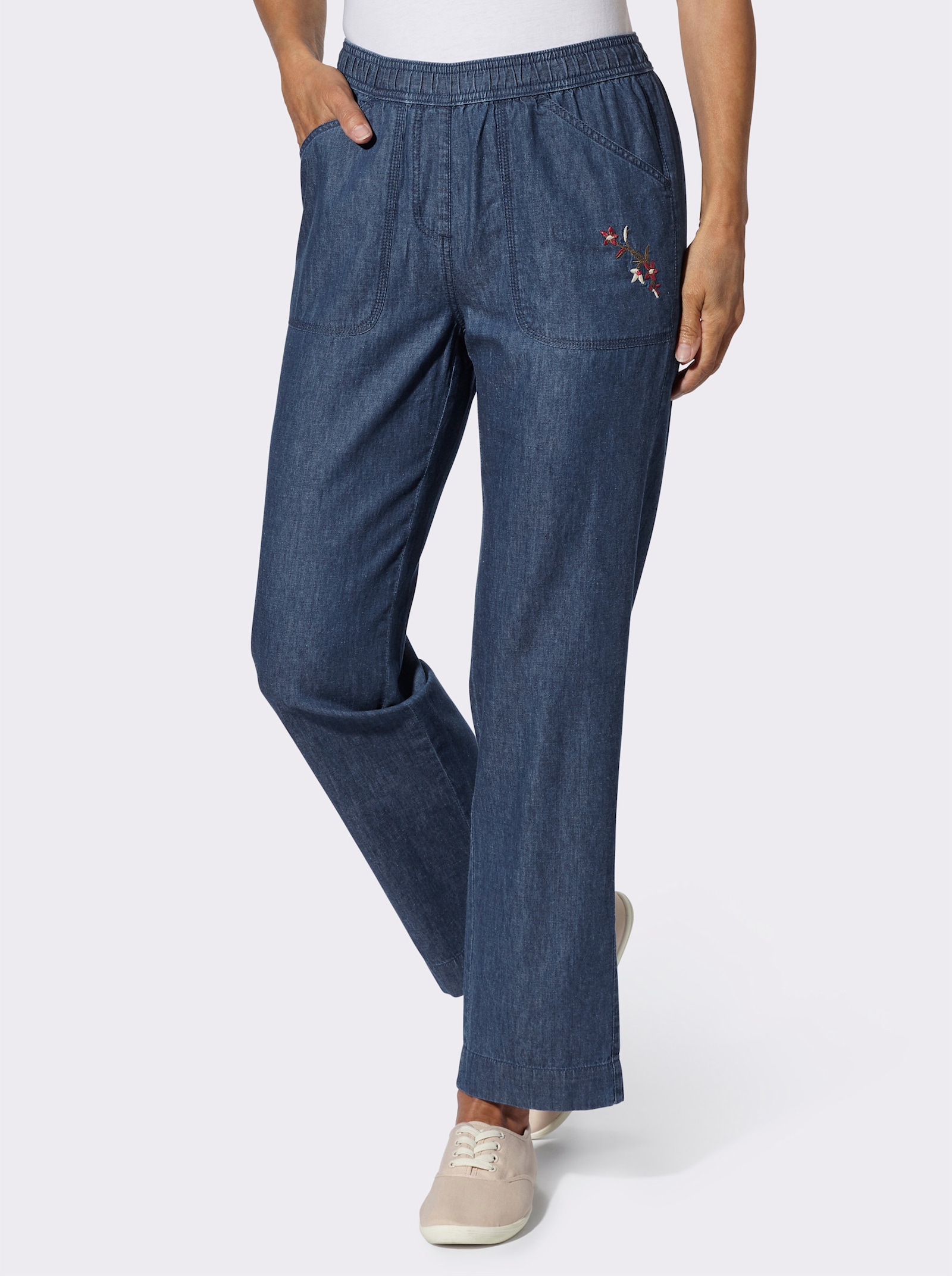 Navl. džínsy, kvetová výšivka - vyšúchaná modrá