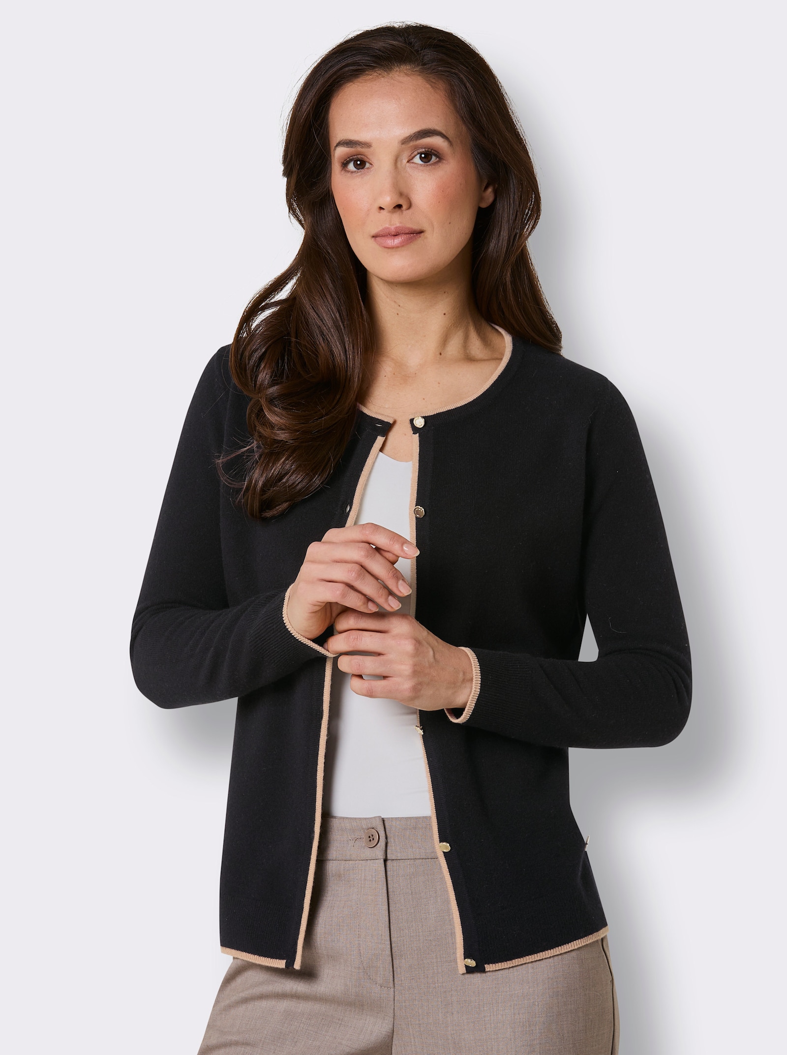 CREATION L PREMIUM Feinstrickjacke mit Kontrastkanten - schwarz-camel