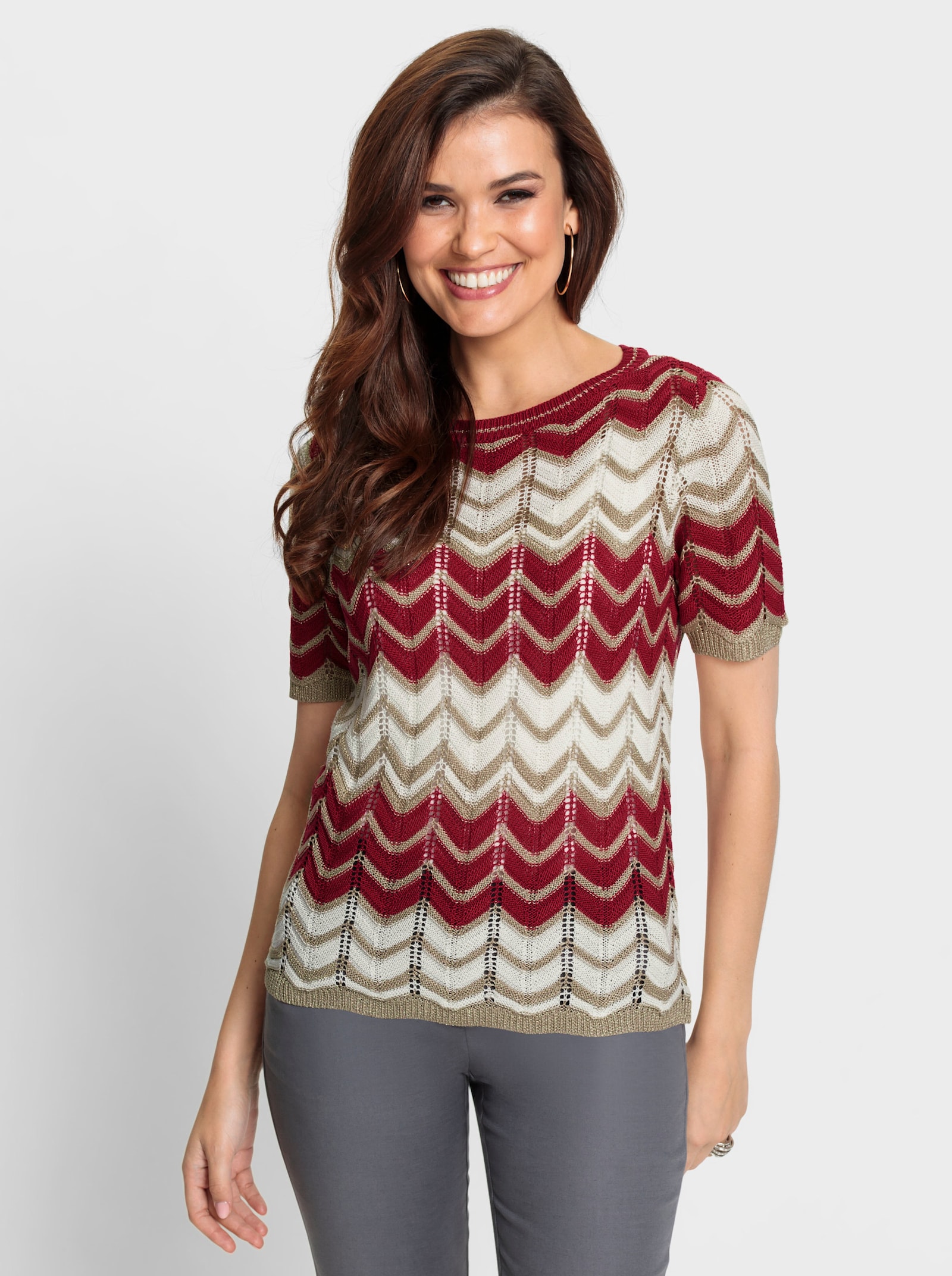 Ajourpullover mit Glanzgarn - rot-ecru-gemustert