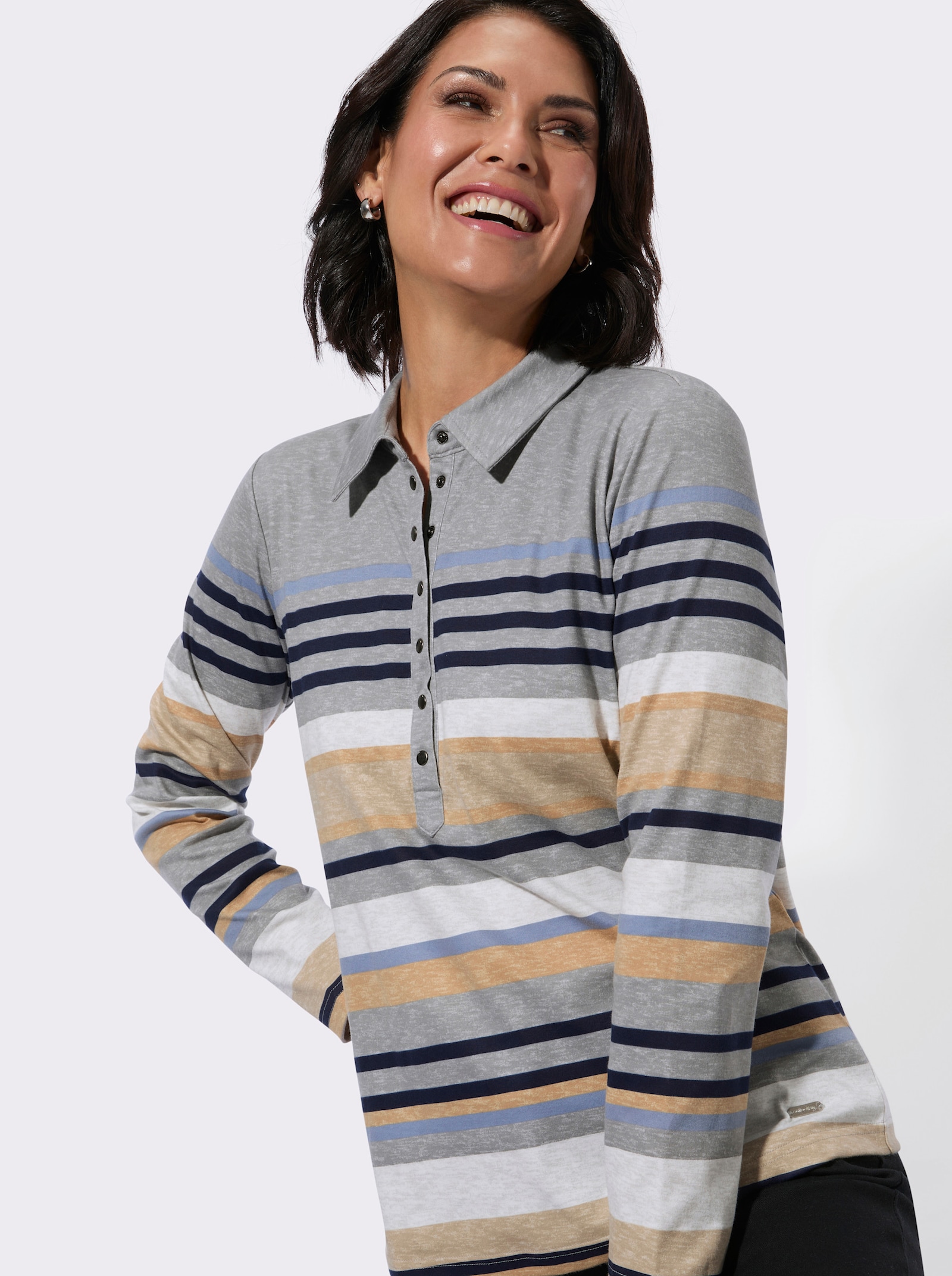 Poloshirt mit Druckknöpfen - grau-taubenblau-geringelt