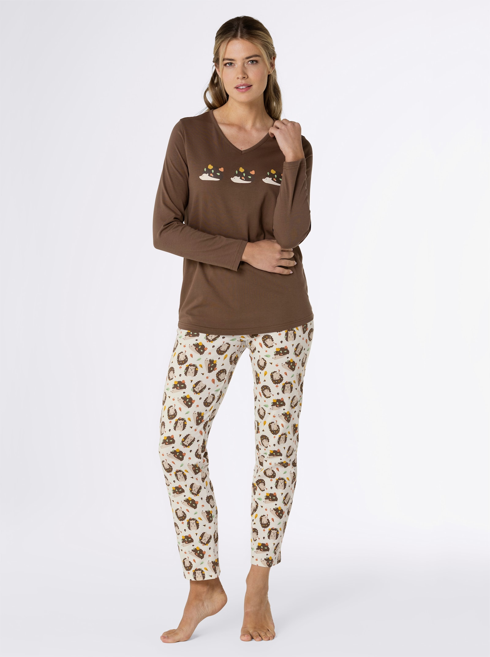 wäschepur Schlafanzüge - reseda-braun + ecru-braun-bedruckt