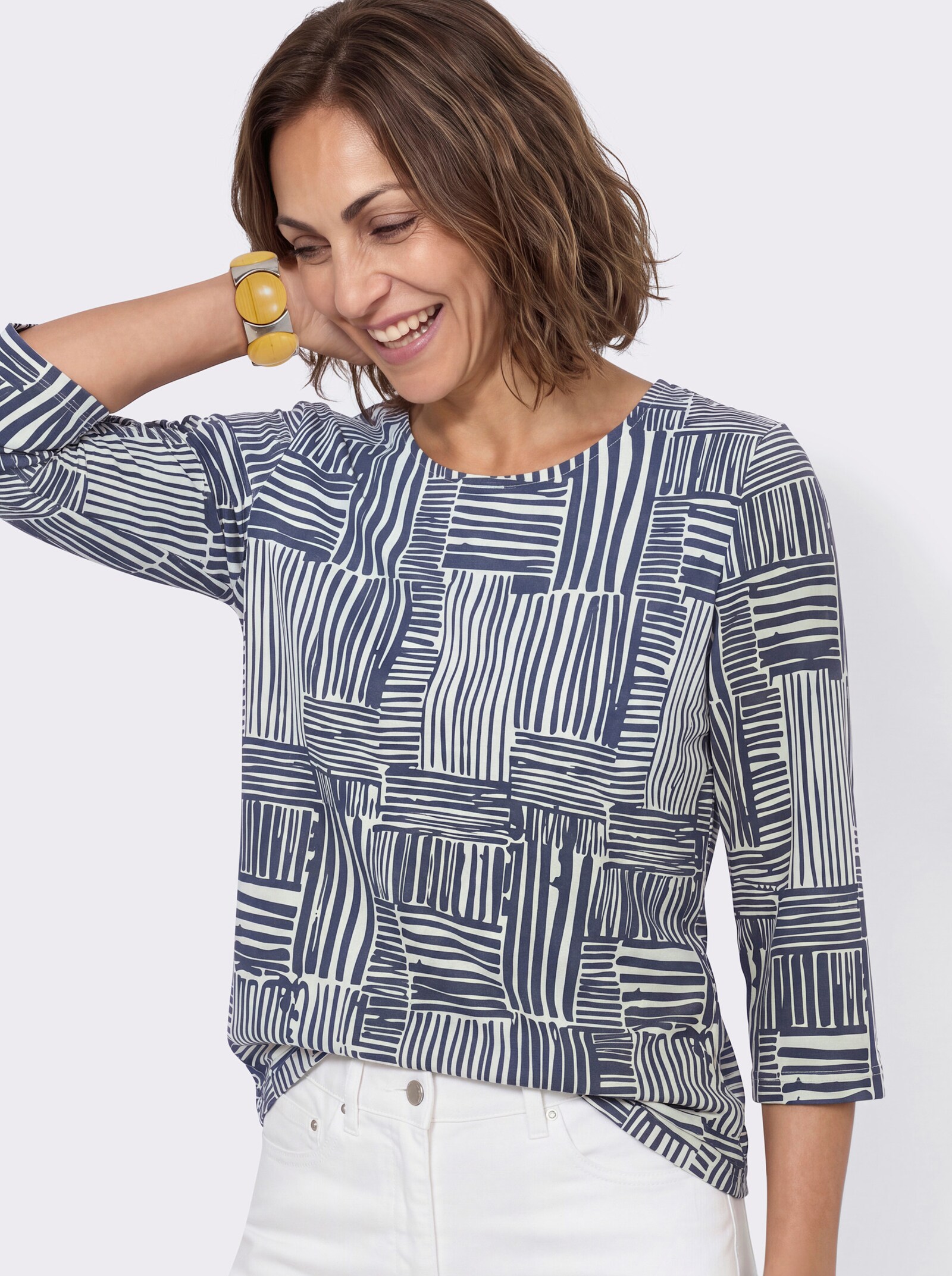 Print-Shirt mit 3/4-Ärmeln - rauchblau-ecru-gemustert