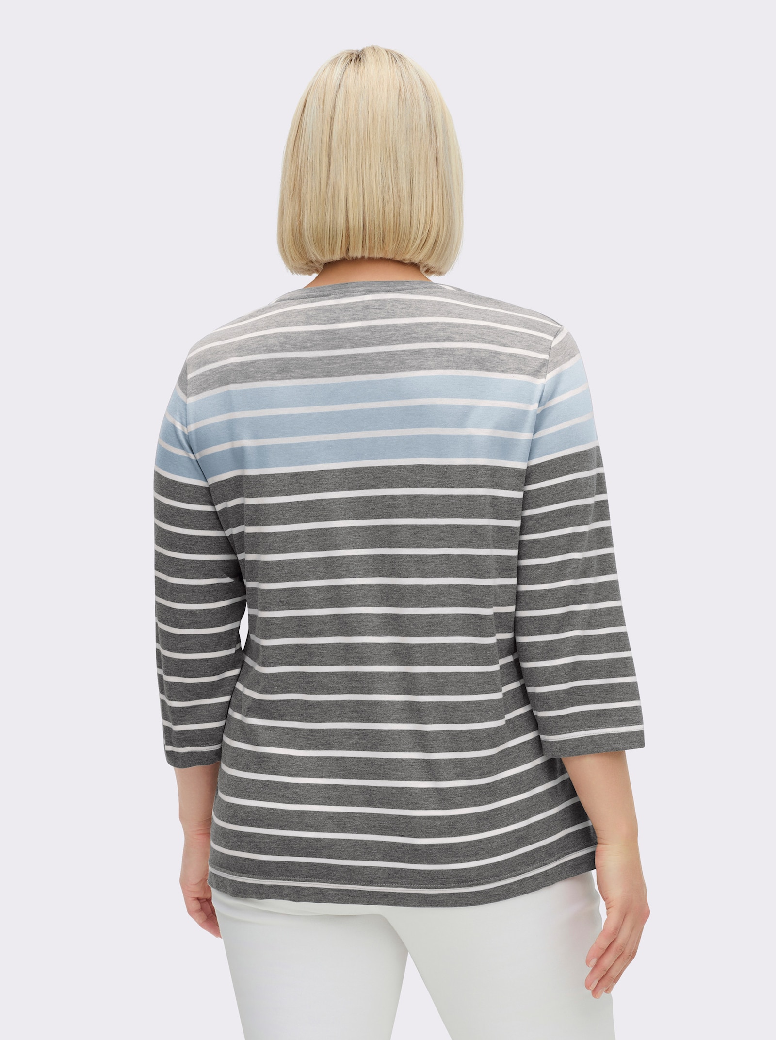 3/4-Arm-Shirt mit 2 imitierten Taschen - grau-blau-gestreift