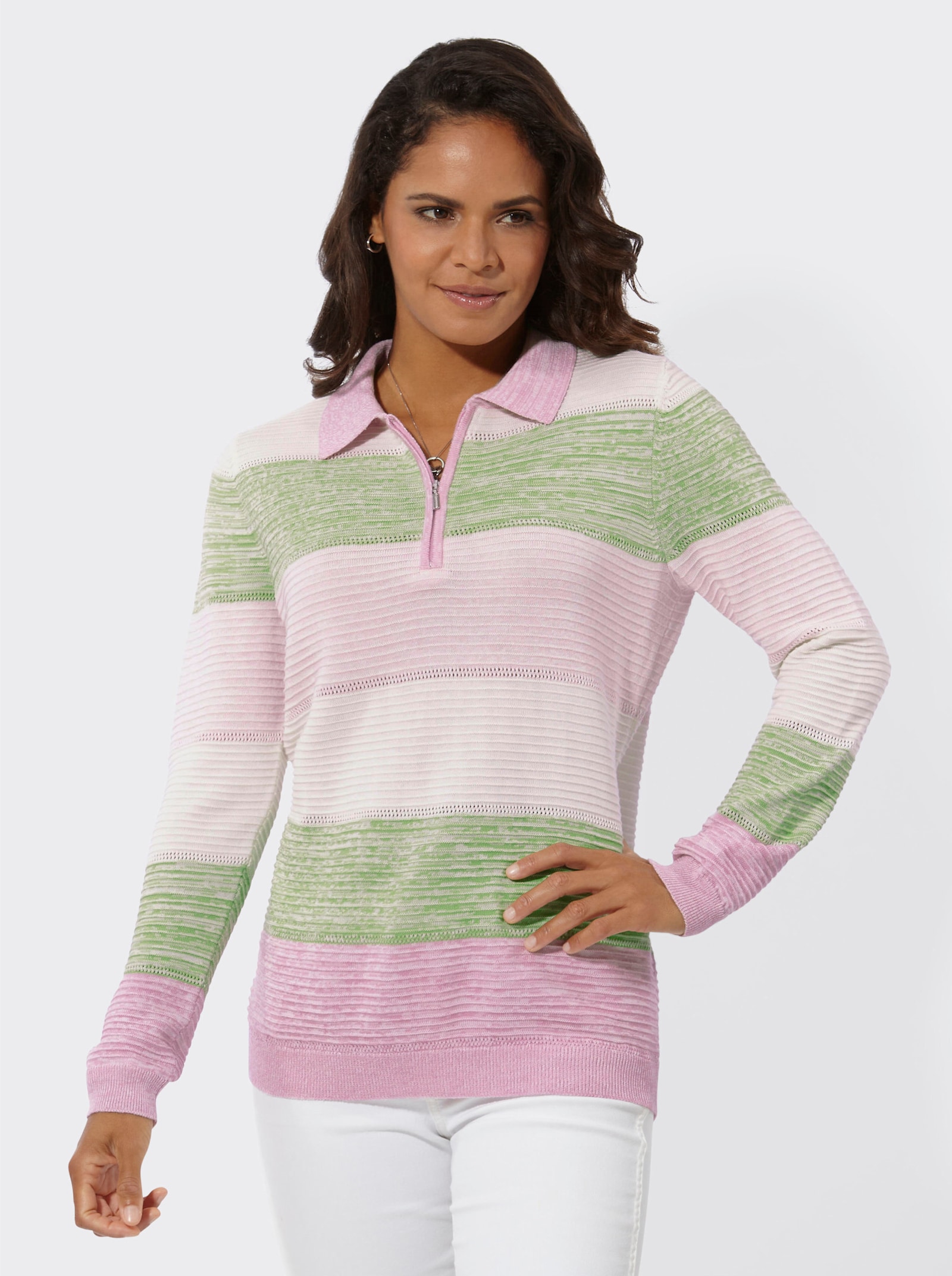  Polopullover im Strickmuster-Mix, geringelt - rosé-eucalyptus-geringelt