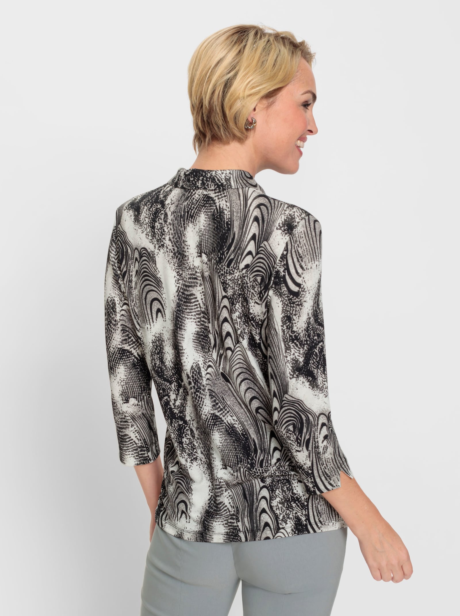 Poloshirt im Kontrast-Druck - schwarz-ecru-bedruckt