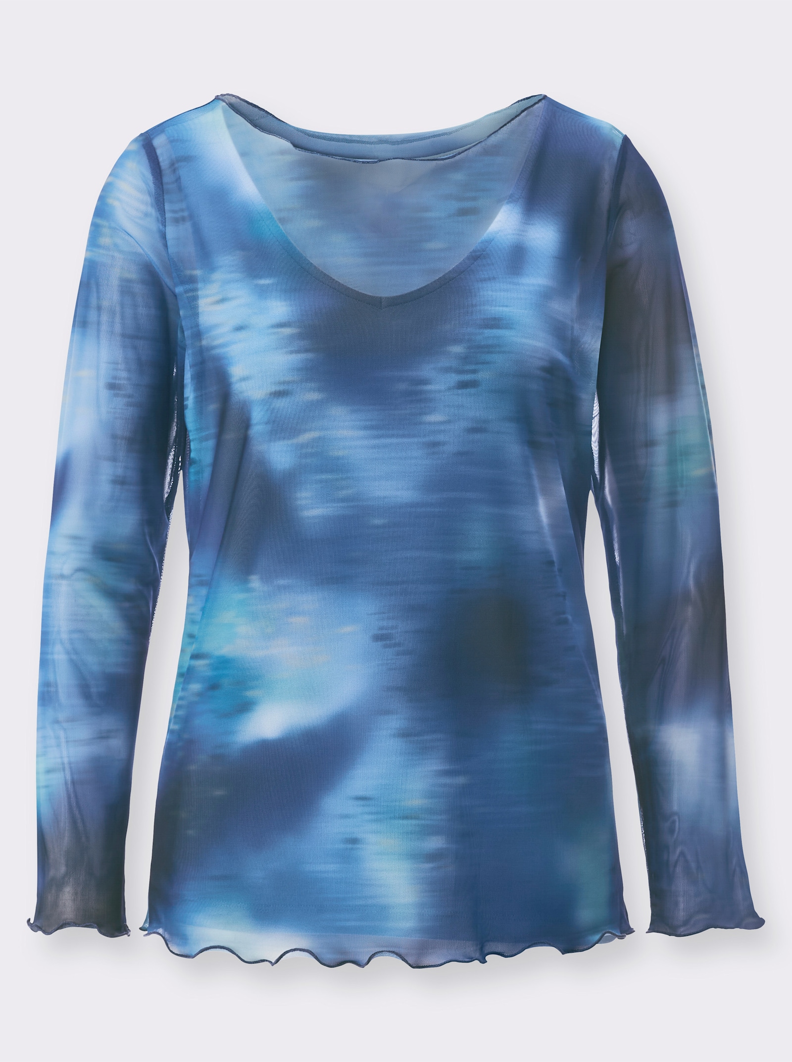 Langarmshirt in transparenter Mesh-Qualität - ecru-dunkelblau-bedruckt