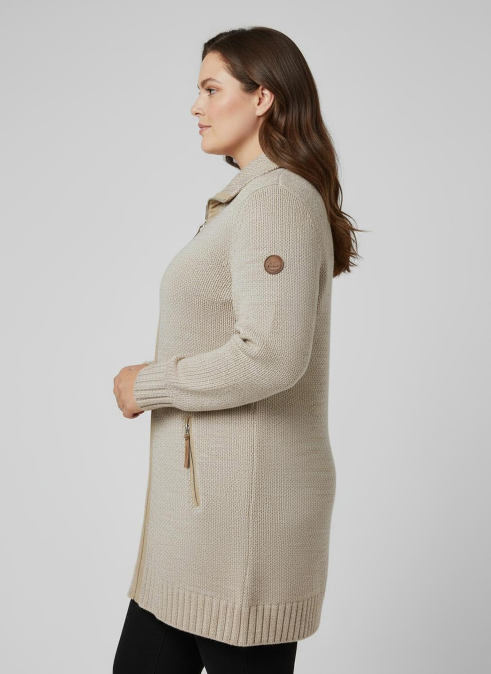 Longstrickjacke mit Troyerkragen - camel-ecru-meliert