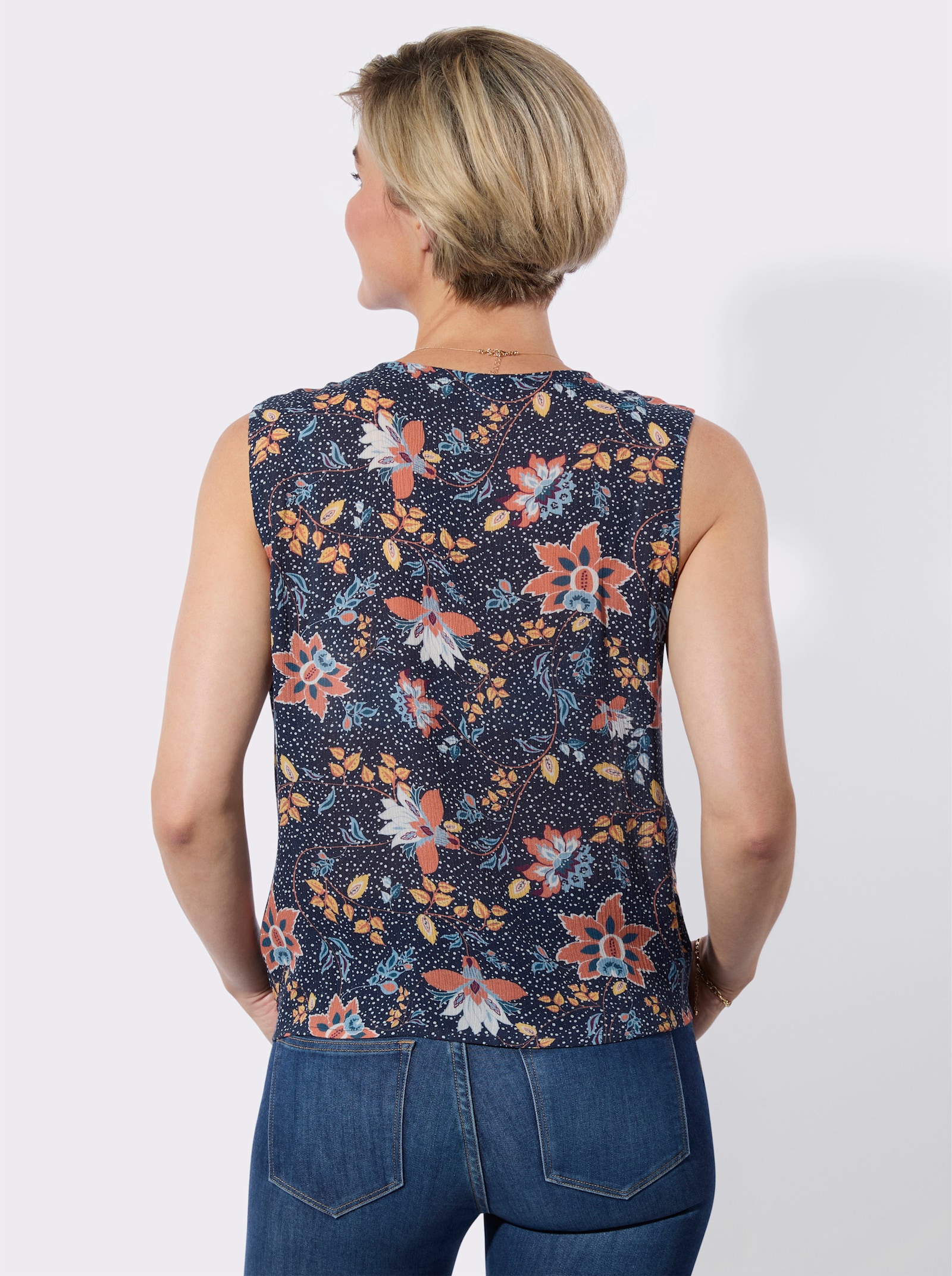 Blusentop mit imitierter Knopfleiste - marine-gelb-bedruckt