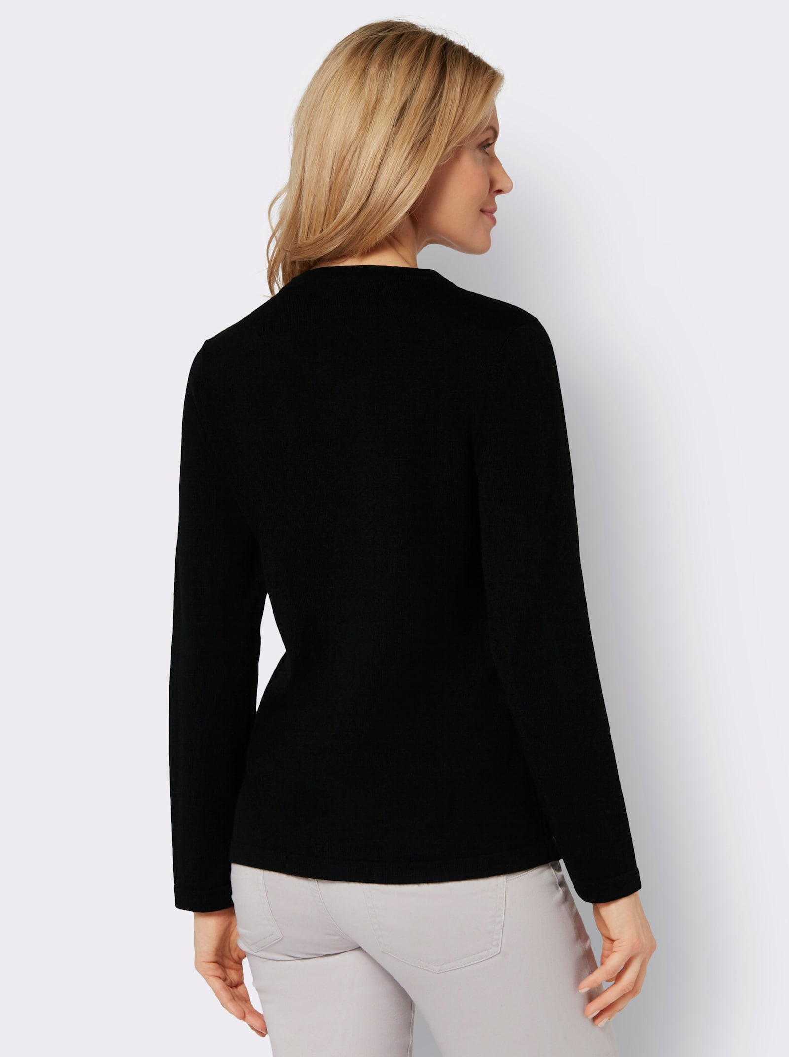 Pulóver, výstrih do V, kvetová výšivka - čierna – topásová, vzor