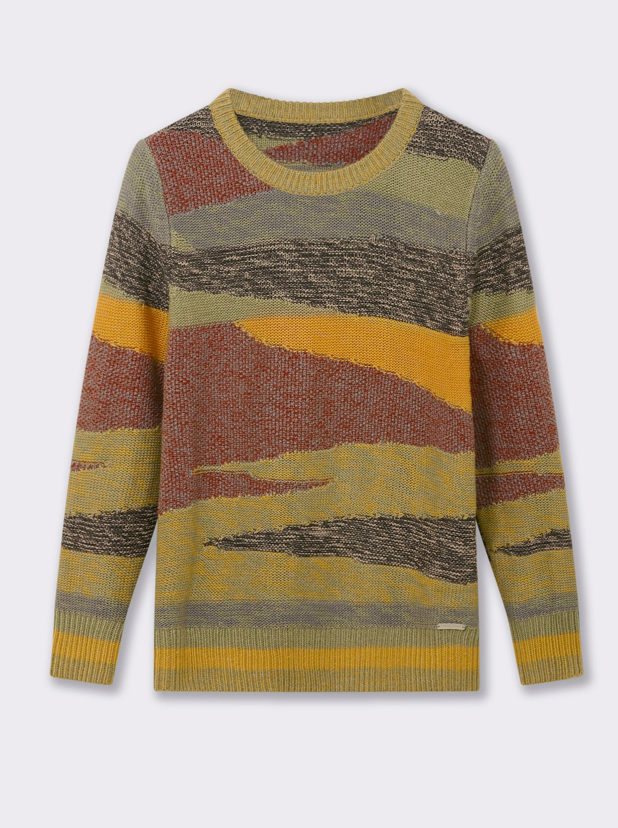 Strickpullover mit farbigen Rippbündchen - ocker-rostrot-gemustert