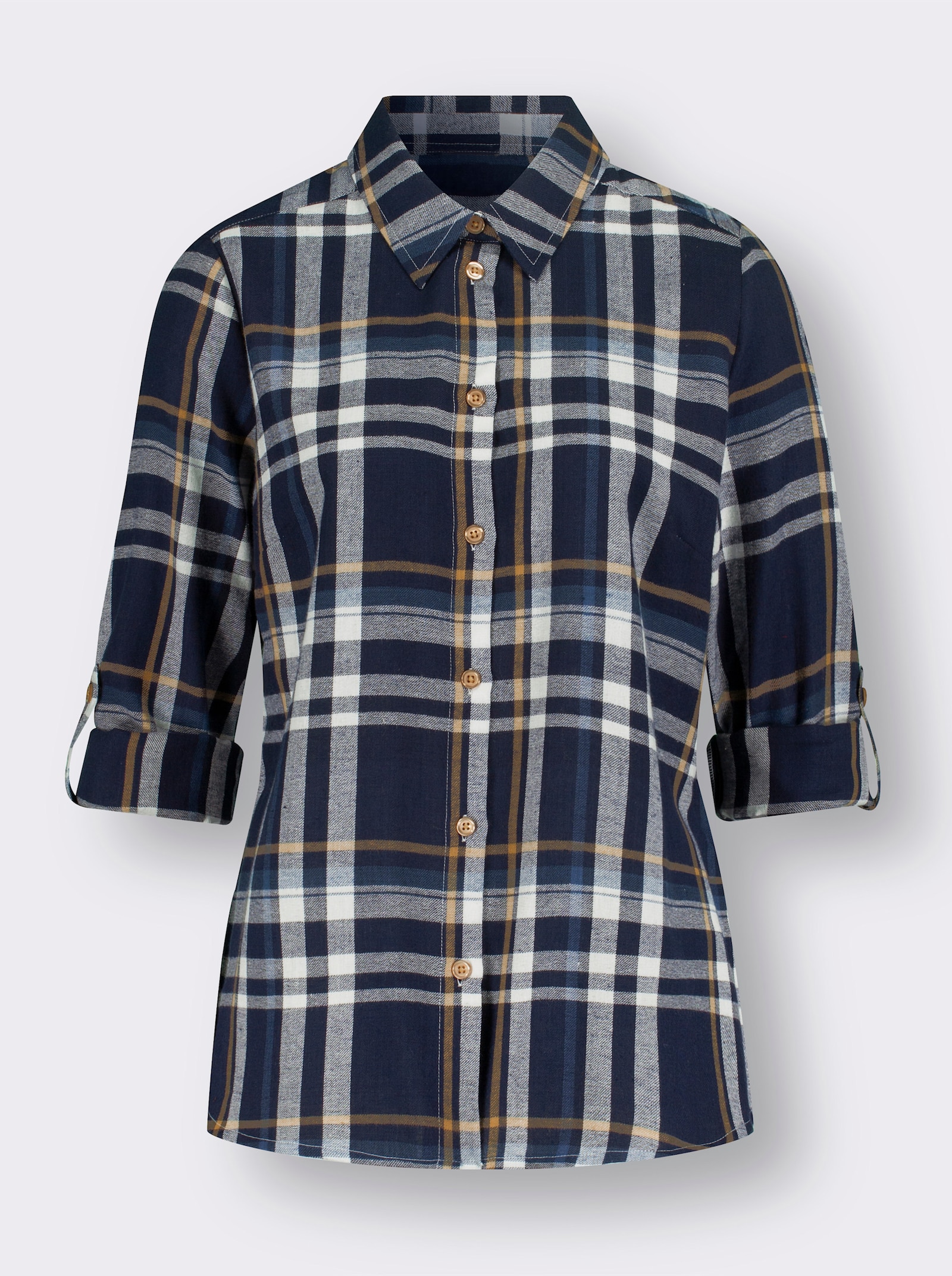 Flanellbluse mit krempelbaren Ärmeln - marine-camel-kariert