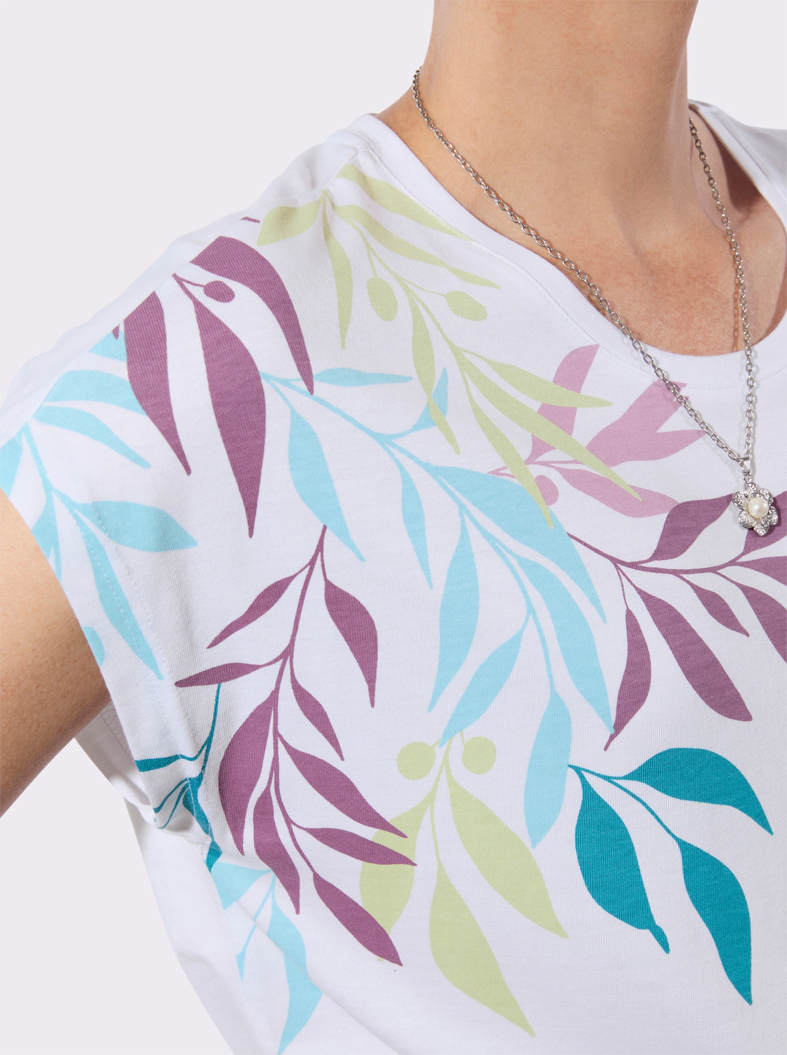 Rundhalsshirt mit floralem Muster - weiß-aquamarin-bedruckt