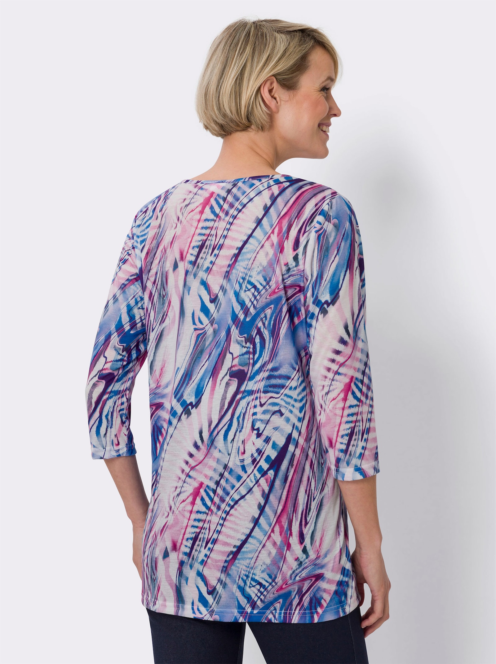 Longshirt in Batik-Optik - himmelblau-pink-bedruckt