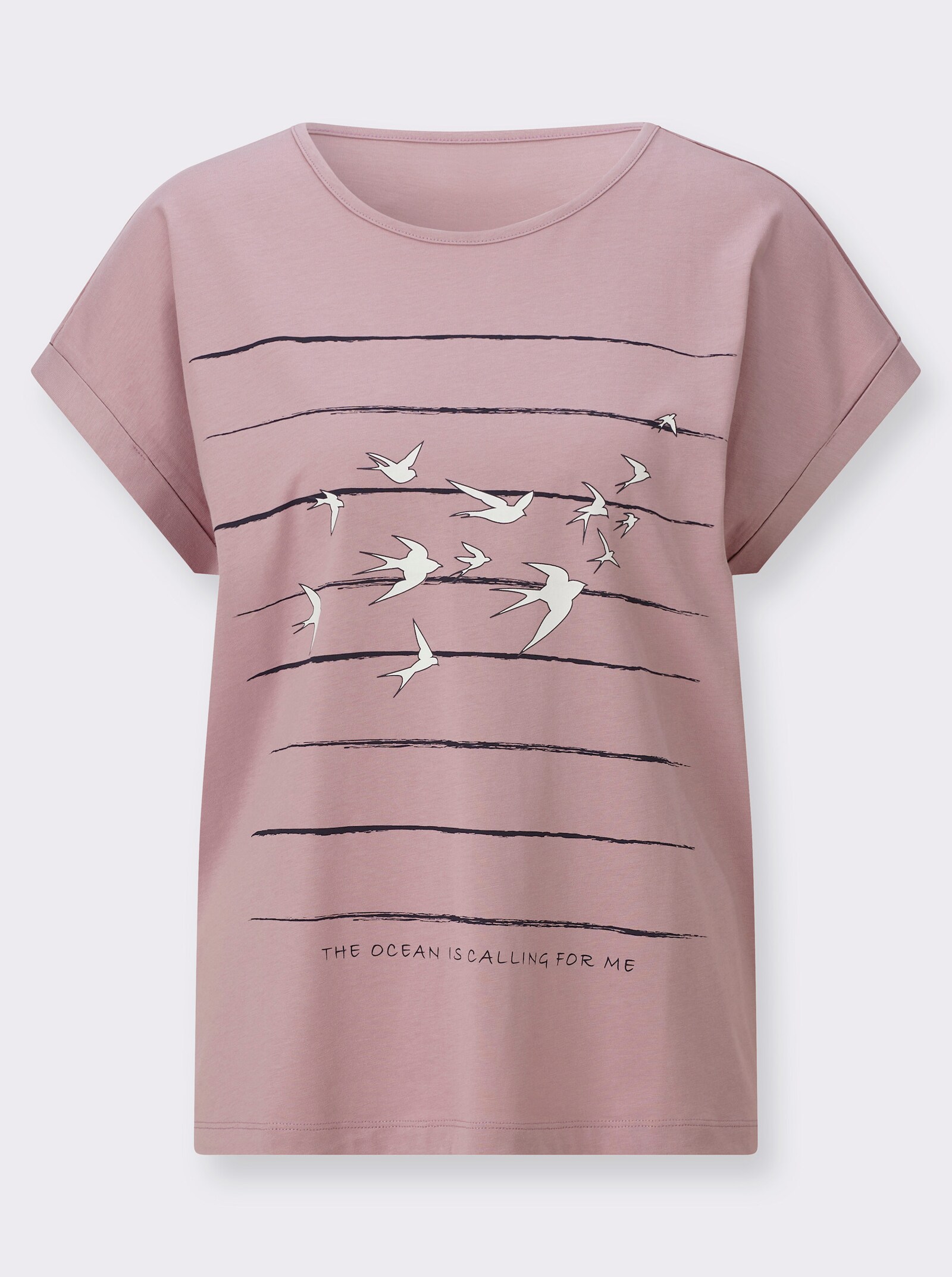 Print-Shirt mit überschnittenen Schultern - mauve-marine-bedruckt
