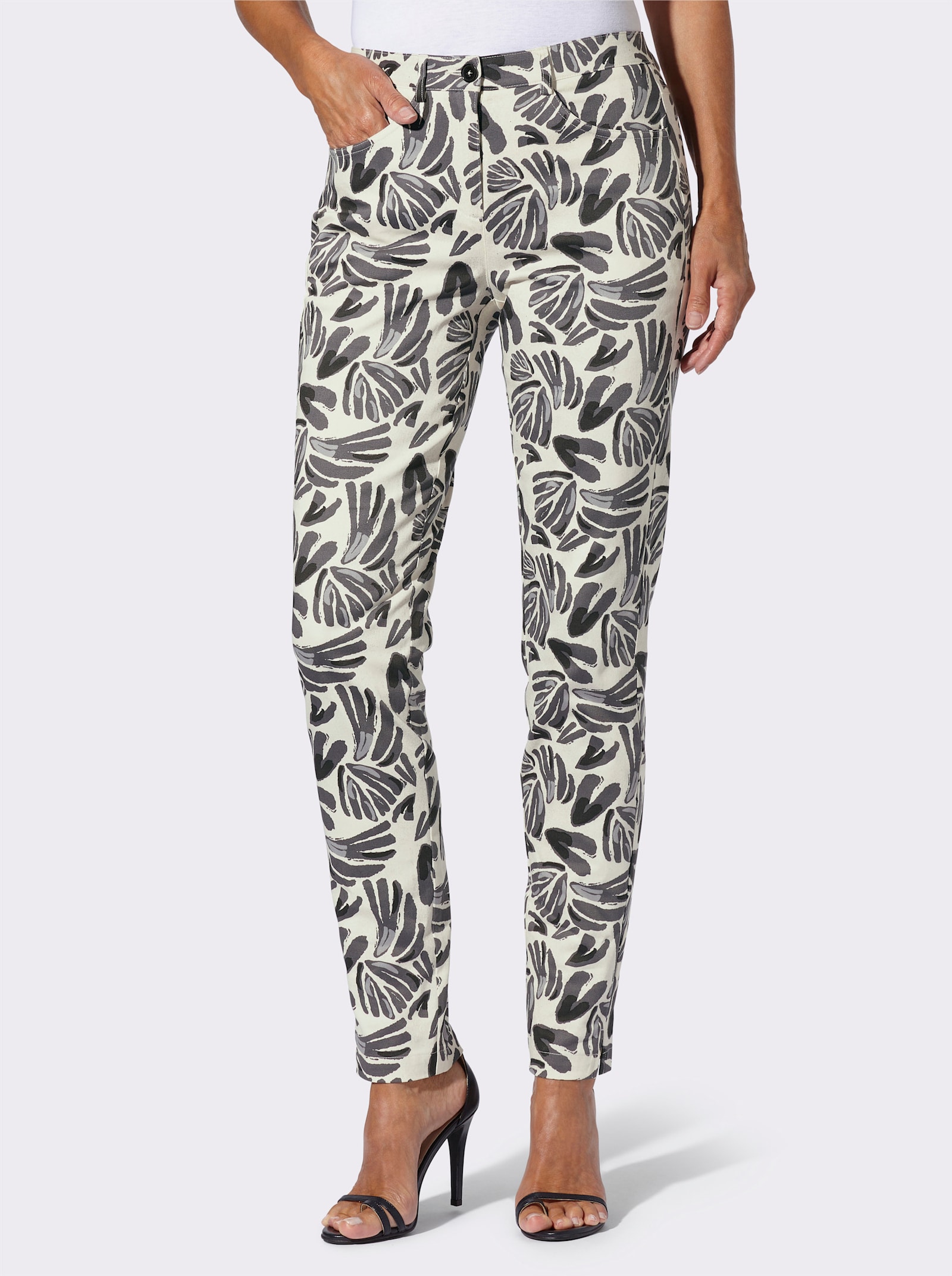 Broek met print in bloemdessin - champagne/antraciet bedrukt