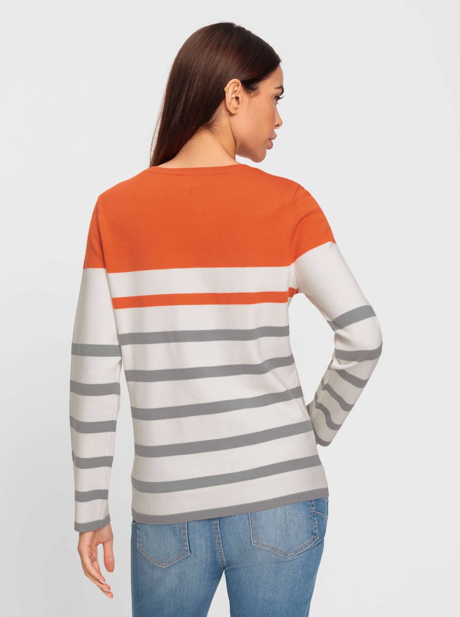 heine Jacquardpullover mit Schriftzug - orange-steingrau-gemustert